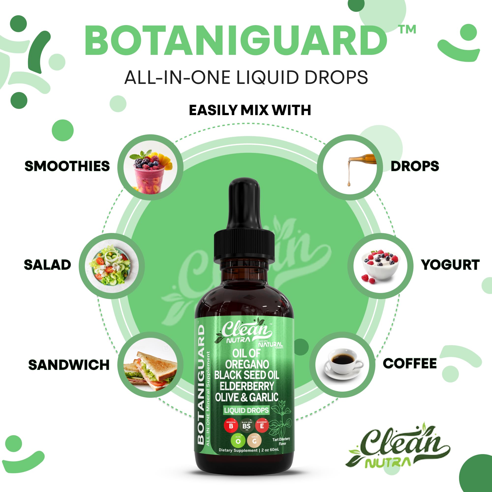Clean Nutra Oil of Oregano Drops Black Seed Oil Elderberry Vitamin D D3 K2 Olive Garlic Immune Support Supplement Wellness Formula Zinc Supplements Liquid 2 Fl Oz BotaniGuard Vegan, Non-GMO