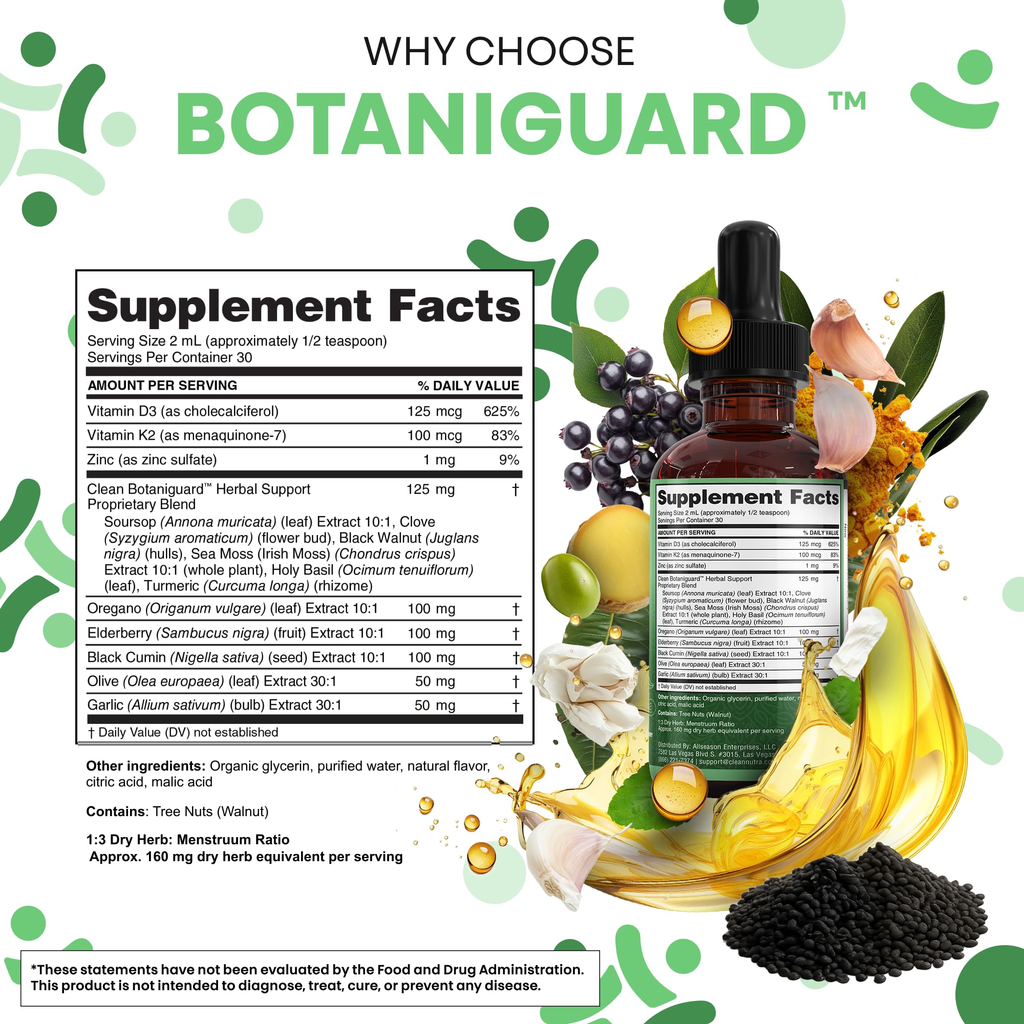 Clean Nutra Oil of Oregano Drops Black Seed Oil Elderberry Vitamin D D3 K2 Olive Garlic Immune Support Supplement Wellness Formula Zinc Supplements Liquid 2 Fl Oz BotaniGuard Vegan, Non-GMO