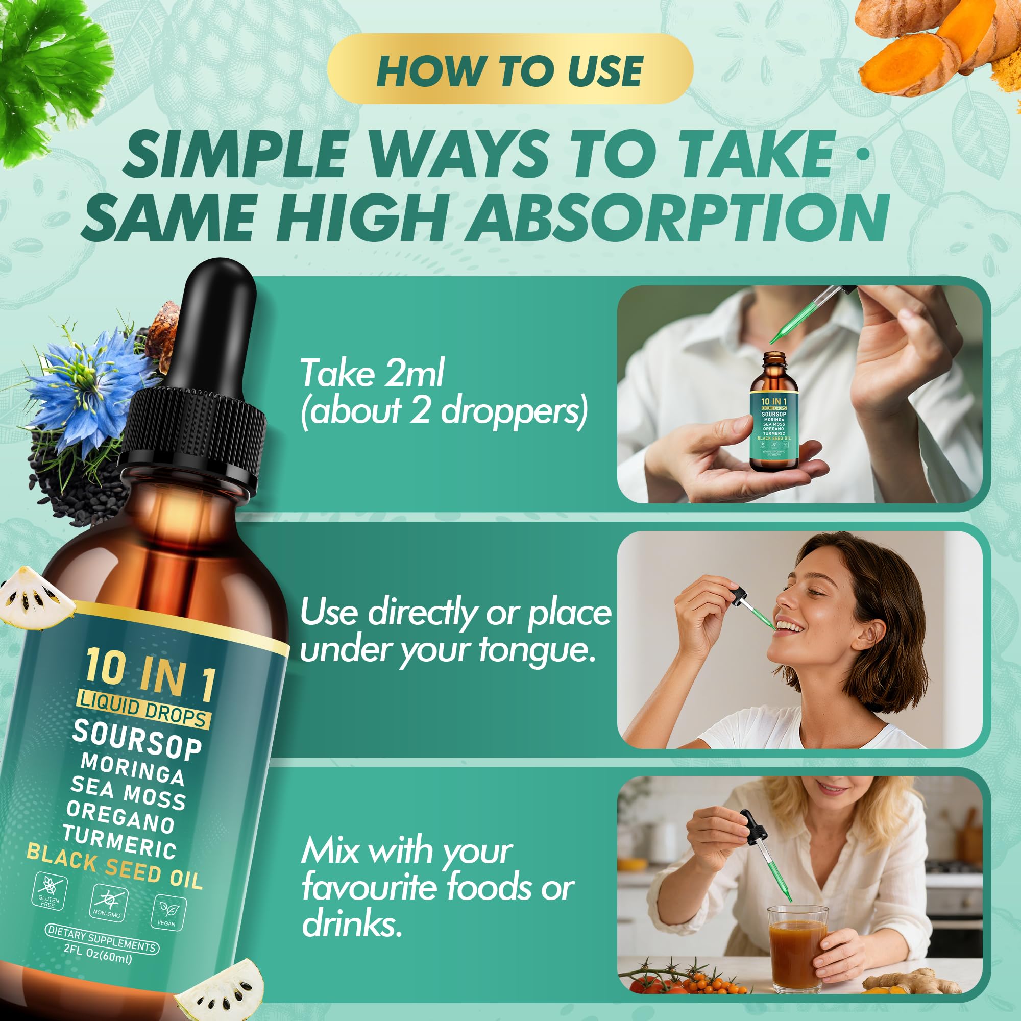 Royavita Soursop Bitters Liquid Drops, Bitter Herbs with Soursop Extract, Ashwagandha, Sea Moss & Black Seed Oil, Formulated for Immune Wellness, Antioxidant Support & Healthy Digestion, 2 FL Oz