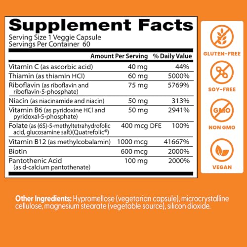 Doctor's Best Fully Active Vitamin B Complex Supplement for Men & Women - Super Complex with Methylated B12 & Folate, B6, Biotin, Pantothenic Acid, & More, Energy Support Caps - 60 Veggie Capsules