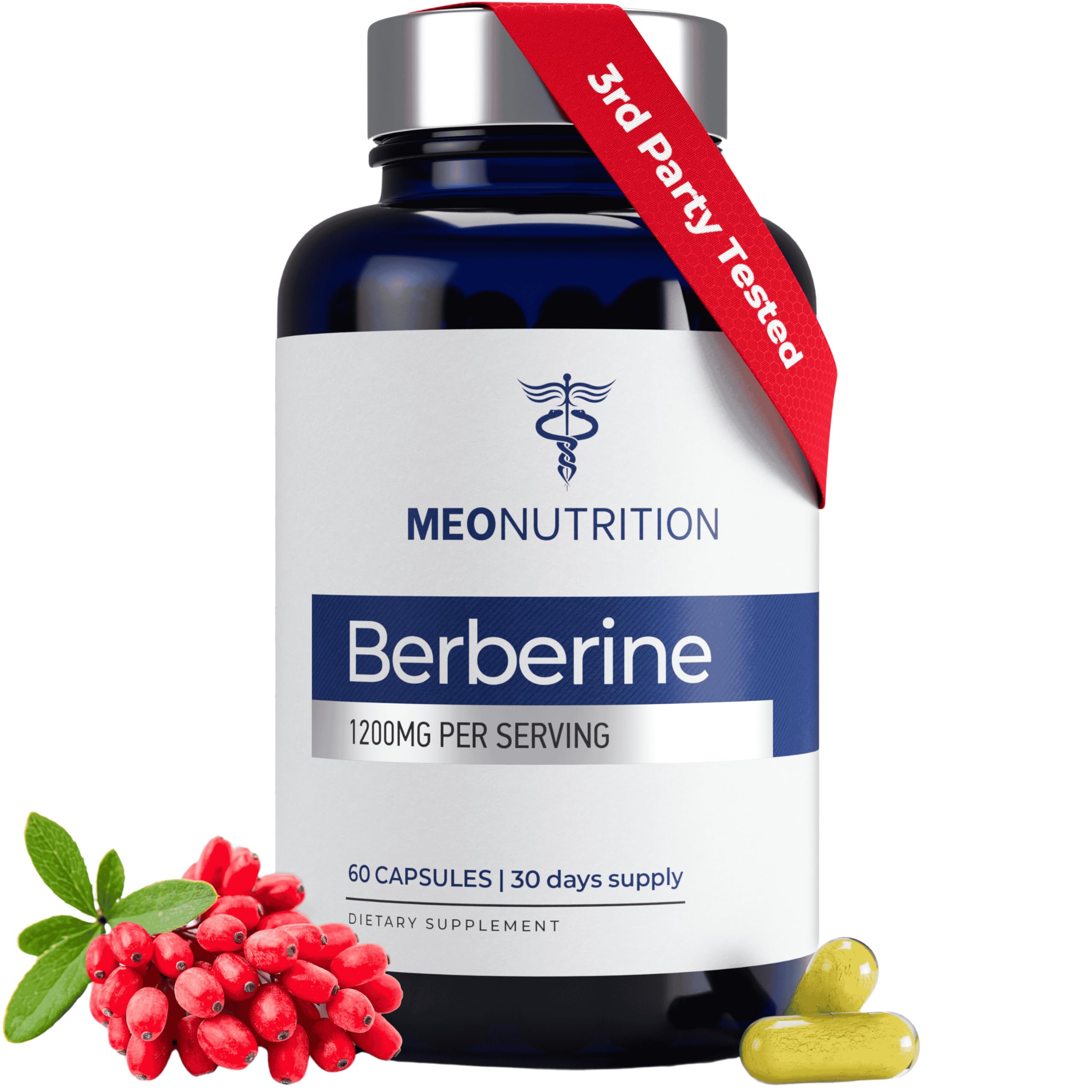 Meo Nutrition Berberine Supplement 1200mg HCI - 60 Capsules, 3rd Party Lab Tested, Non-GMO, GMP Certified - Supports Metabolic Health & Overall Wellness