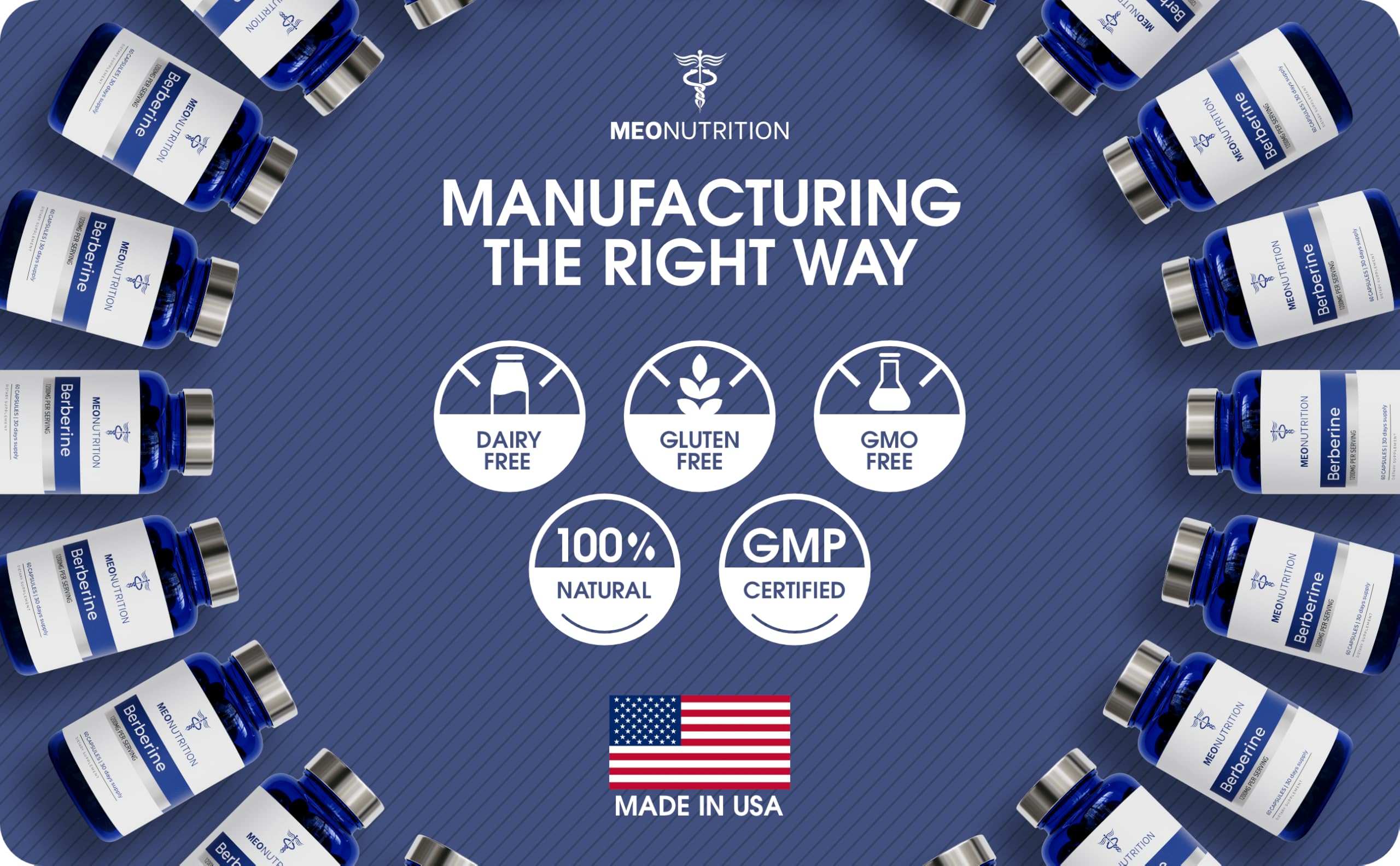 Meo Nutrition Berberine Supplement 1200mg HCI - 60 Capsules, 3rd Party Lab Tested, Non-GMO, GMP Certified - Supports Metabolic Health & Overall Wellness