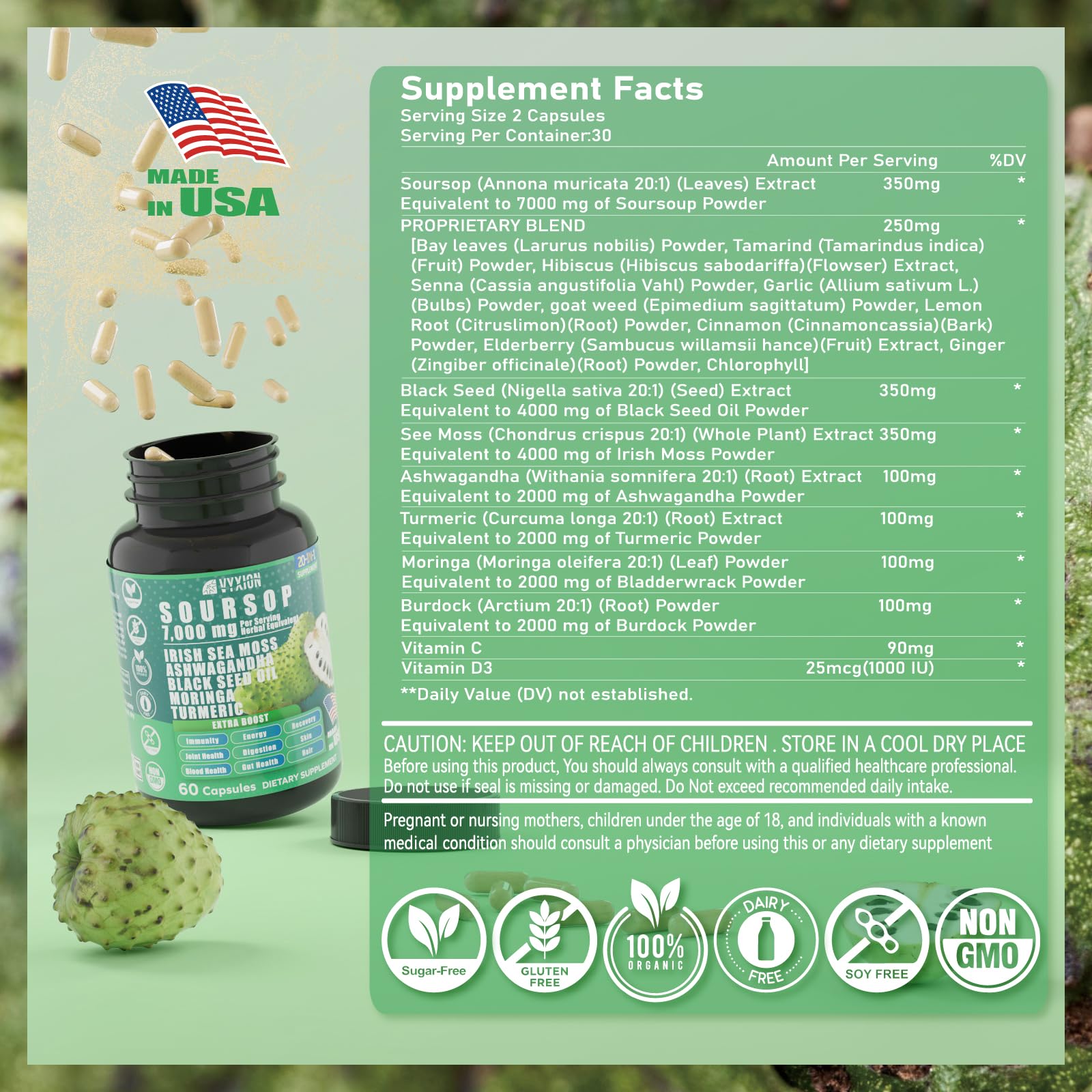 Soursop Graviola Supplement with Sea Moss, Moringa, Turmeric, Black Seed Oil, Oregano, Ashwagandha | 20-in-One Herbal extracts for Overall Health-Enhancing | Vegan, Non-GMO | 60 Capsules