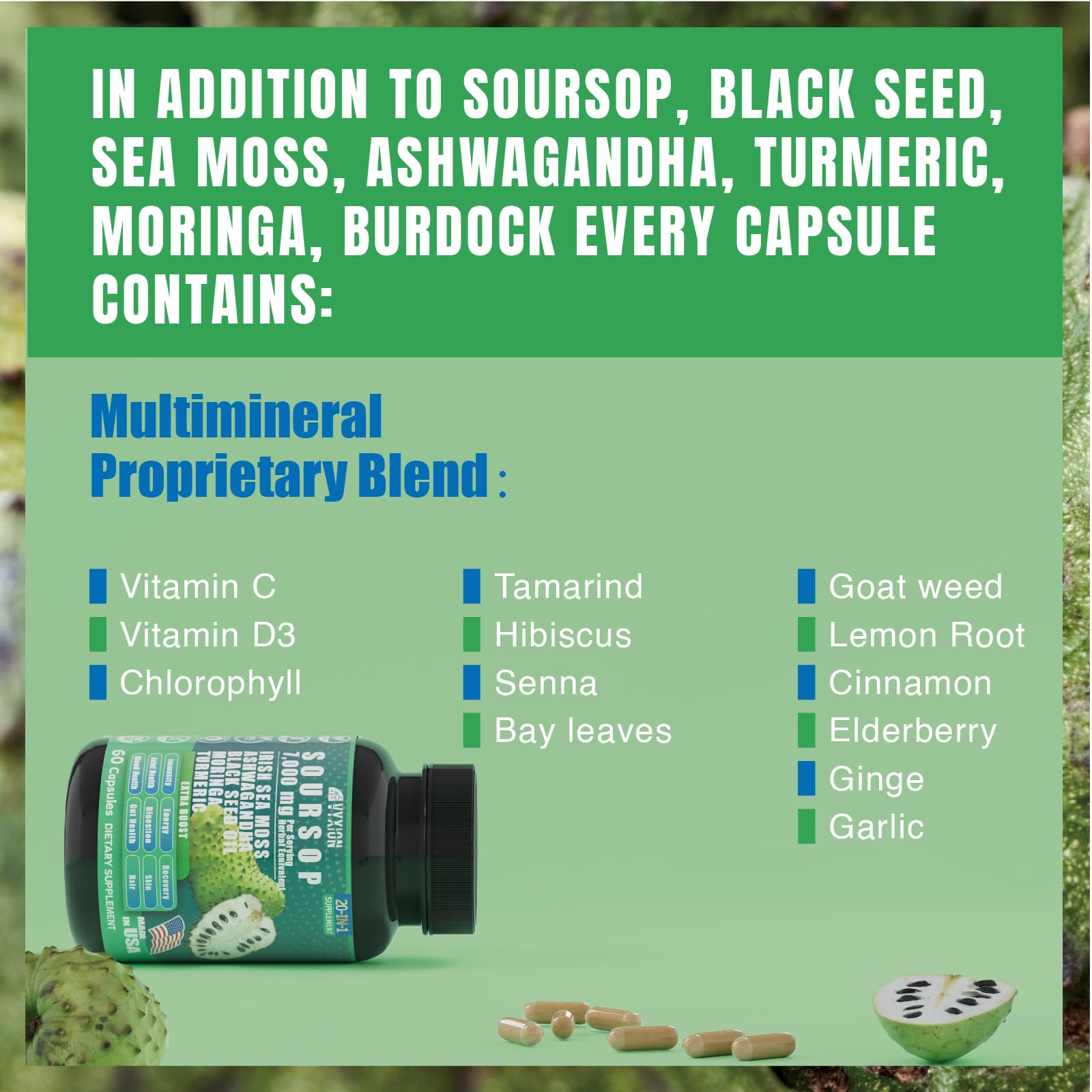 Soursop Graviola Supplement with Sea Moss, Moringa, Turmeric, Black Seed Oil, Oregano, Ashwagandha | 20-in-One Herbal extracts for Overall Health-Enhancing | Vegan, Non-GMO | 60 Capsules