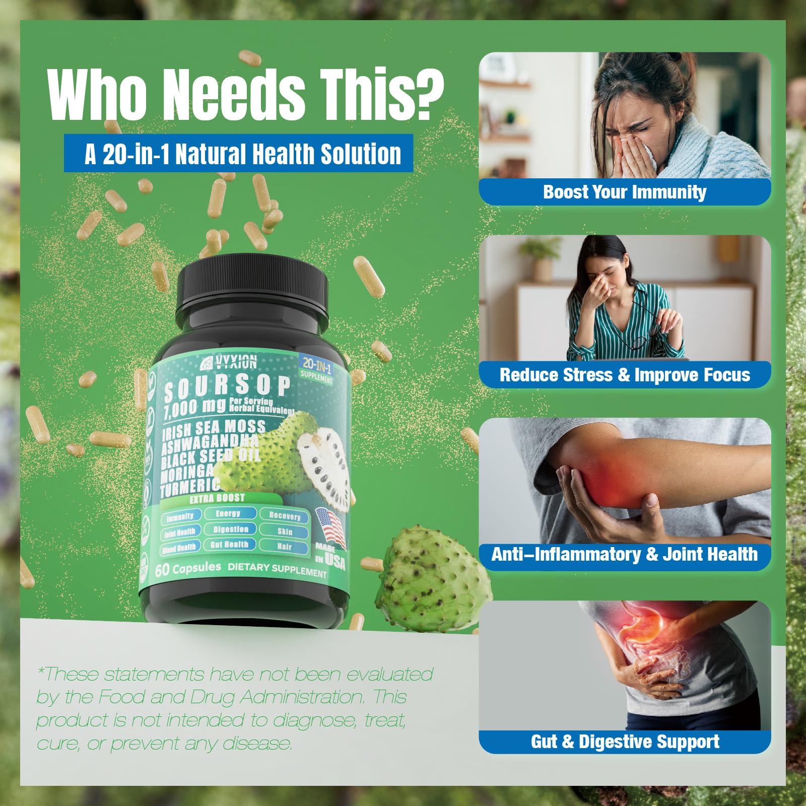 Soursop Graviola Supplement with Sea Moss, Moringa, Turmeric, Black Seed Oil, Oregano, Ashwagandha | 20-in-One Herbal extracts for Overall Health-Enhancing | Vegan, Non-GMO | 60 Capsules