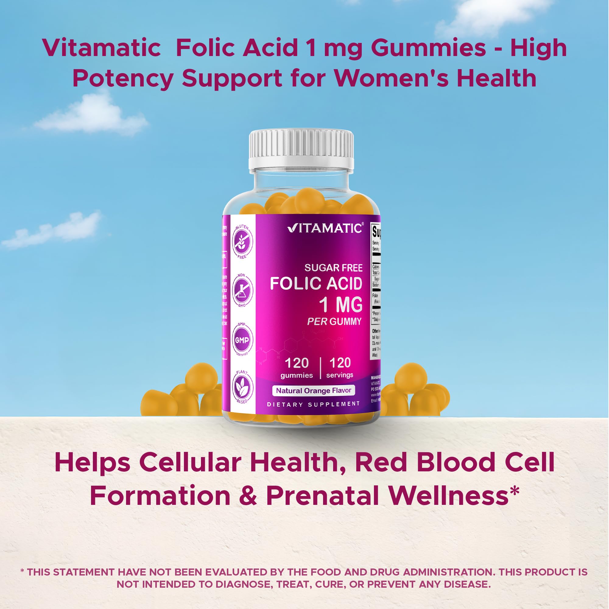 Vitamatic Folic Acid Gummies 1000 mcg (1 mg) – Essential Prenatal Vitamin B9 for Mom & Baby – 120 Vegan Gummies per Bottle – 2 Pack