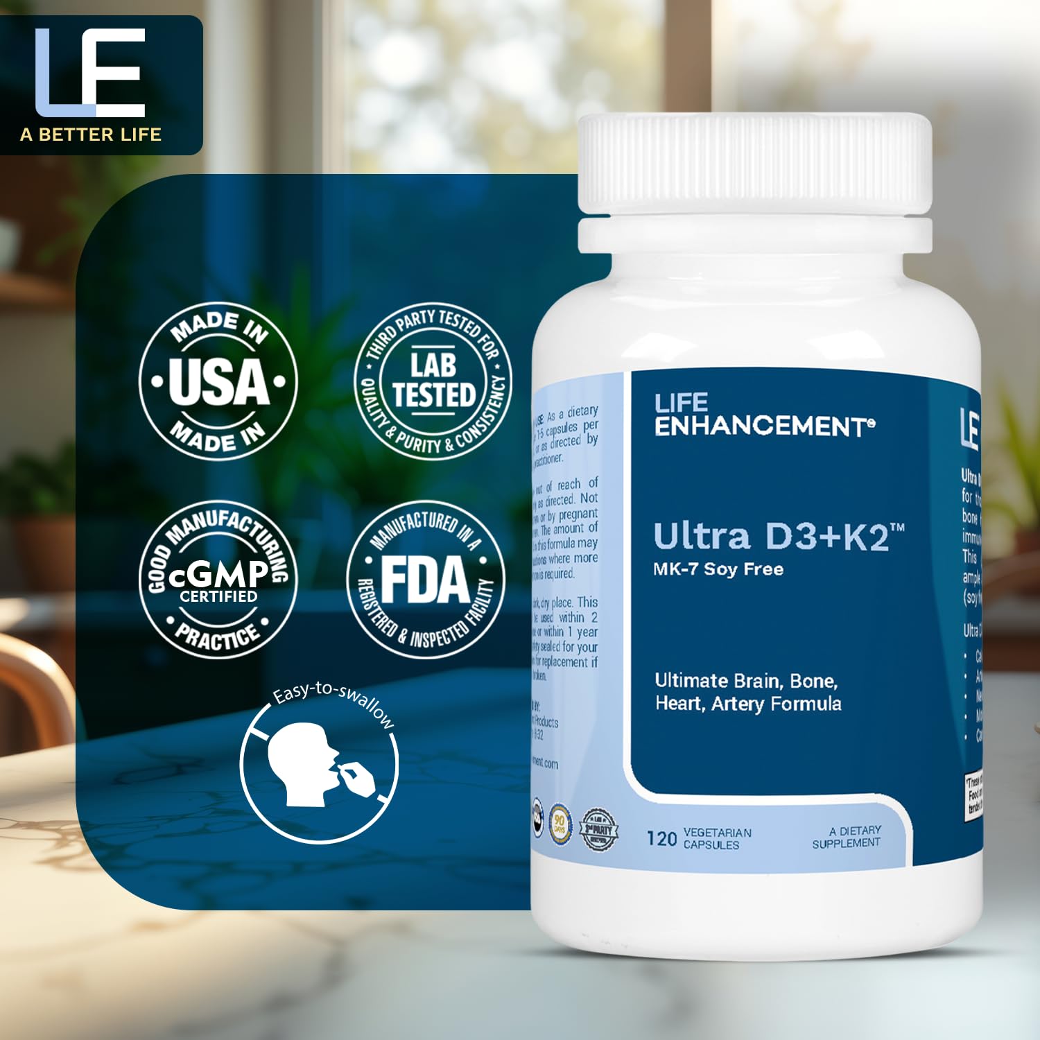 Life Enhancement Vitamin D3 K2 2000iu Supports Muscle & Brain Health - D3 K2 Supplement Helps in Immune and Cardiovascular Support - Made in USA (120 Vegetarian Capsules)