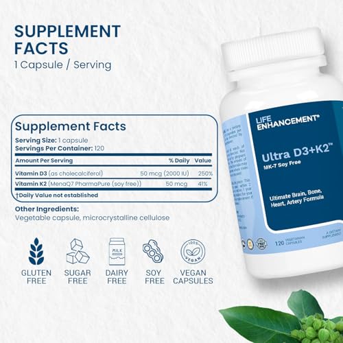 Life Enhancement Vitamin D3 K2 2000iu Supports Muscle & Brain Health - D3 K2 Supplement Helps in Immune and Cardiovascular Support - Made in USA (120 Vegetarian Capsules)