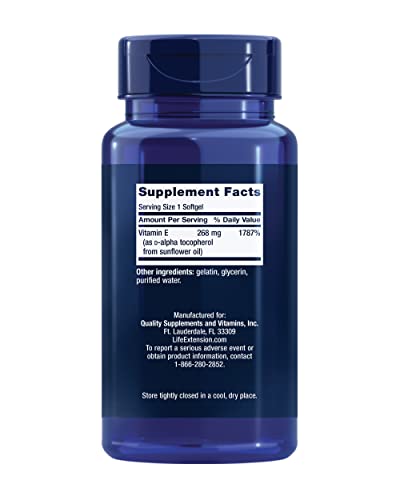 Life Extension Super Vitamin E, 268 mg (400 IU), Non-Synthetic Vitamin E Supplement Promotes Whole-Body Health, Gluten-Free, Non-GMO, 90 softgels