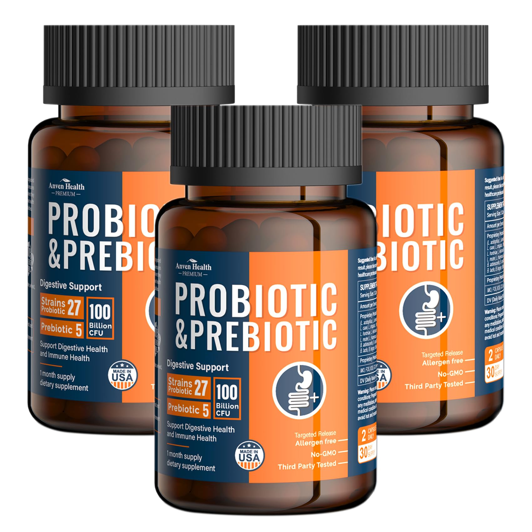 Anven Health 100 Billion Probiotics for Men and Women 27 Strains 5 Organic Prebiotics for Gut Digestive & Immune Health, Supports Diarrhea Gas Bloating, Non-GMO, Zero Fillers – Made in USA丨180 Caps