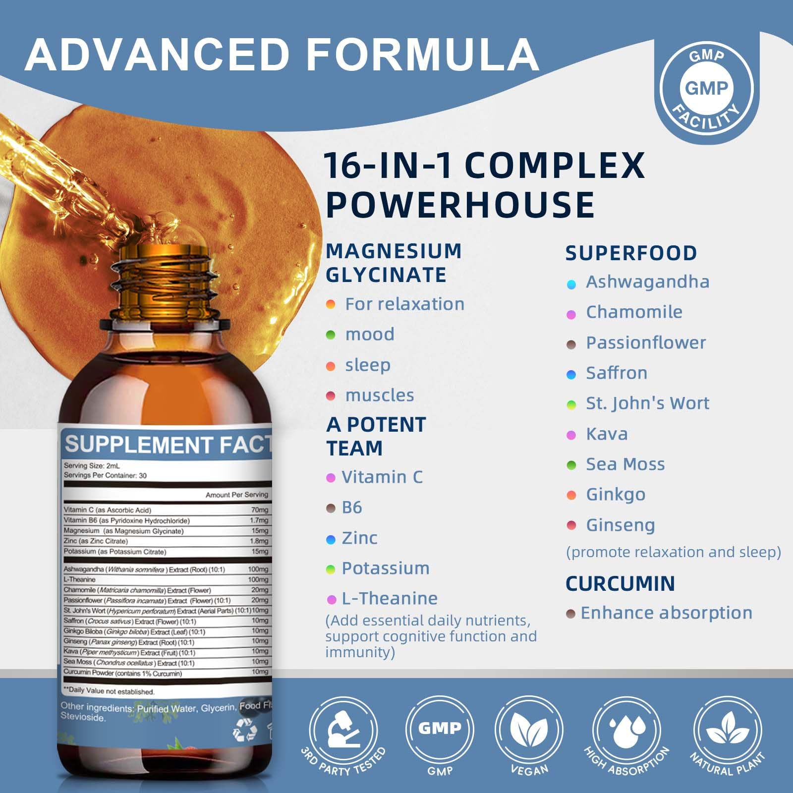 Magnesium Glycinate Liquid Drops with L-Theanine, Ashwagandha & Saffron - Herbal Sleep & Calm Support with Chamomile, Passionflower & Kava - Relaxation, Mood & Nerve Support - Sugar Free - 1 Pack