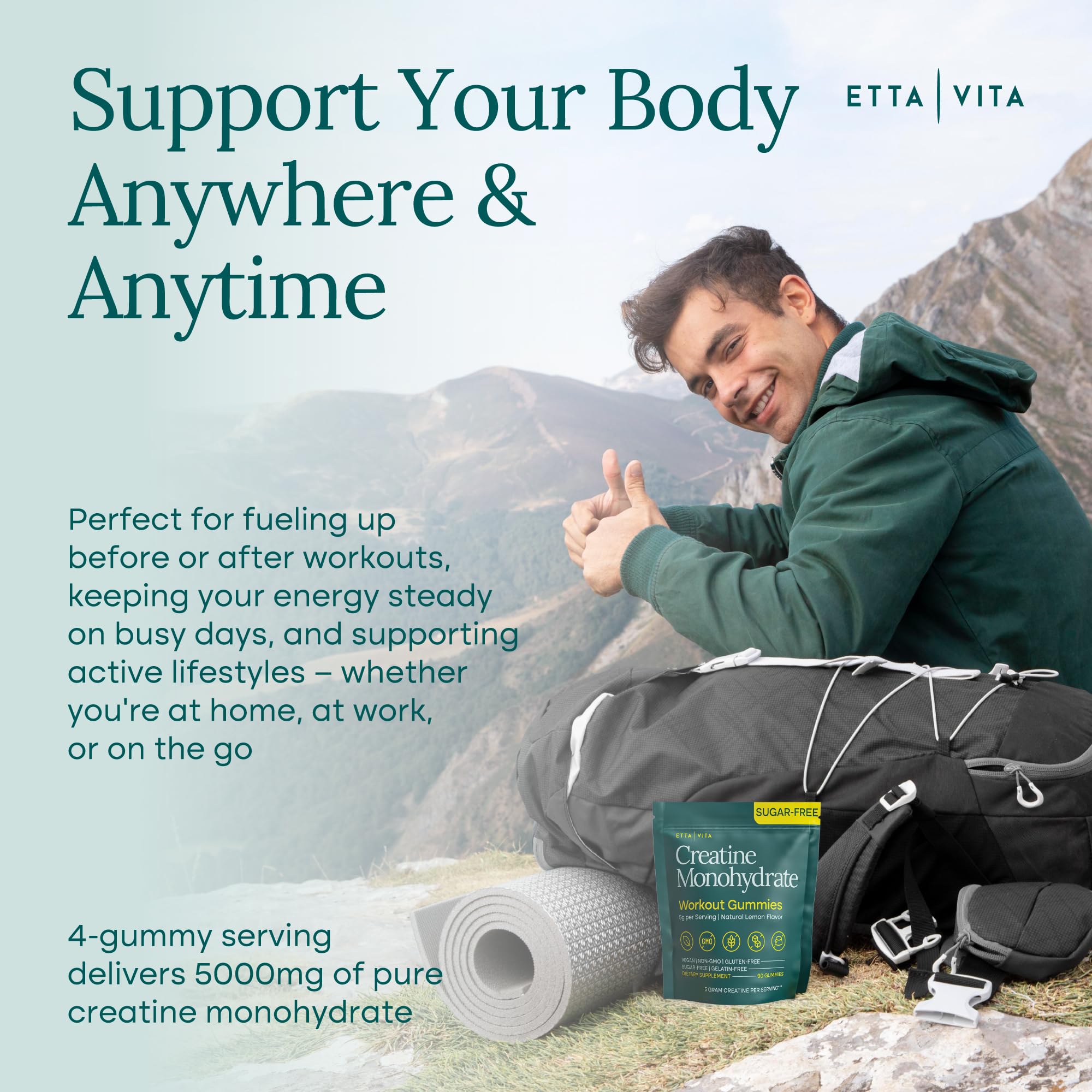 Sugar-Free Creatine Monohydrate Gummies 5gram per Serving, Potent Creatine Gummies for Women & Men, Supplement for Muscle Support, Cellular Energy & Cognitive Function [Lemon Drops Candy Flavor]