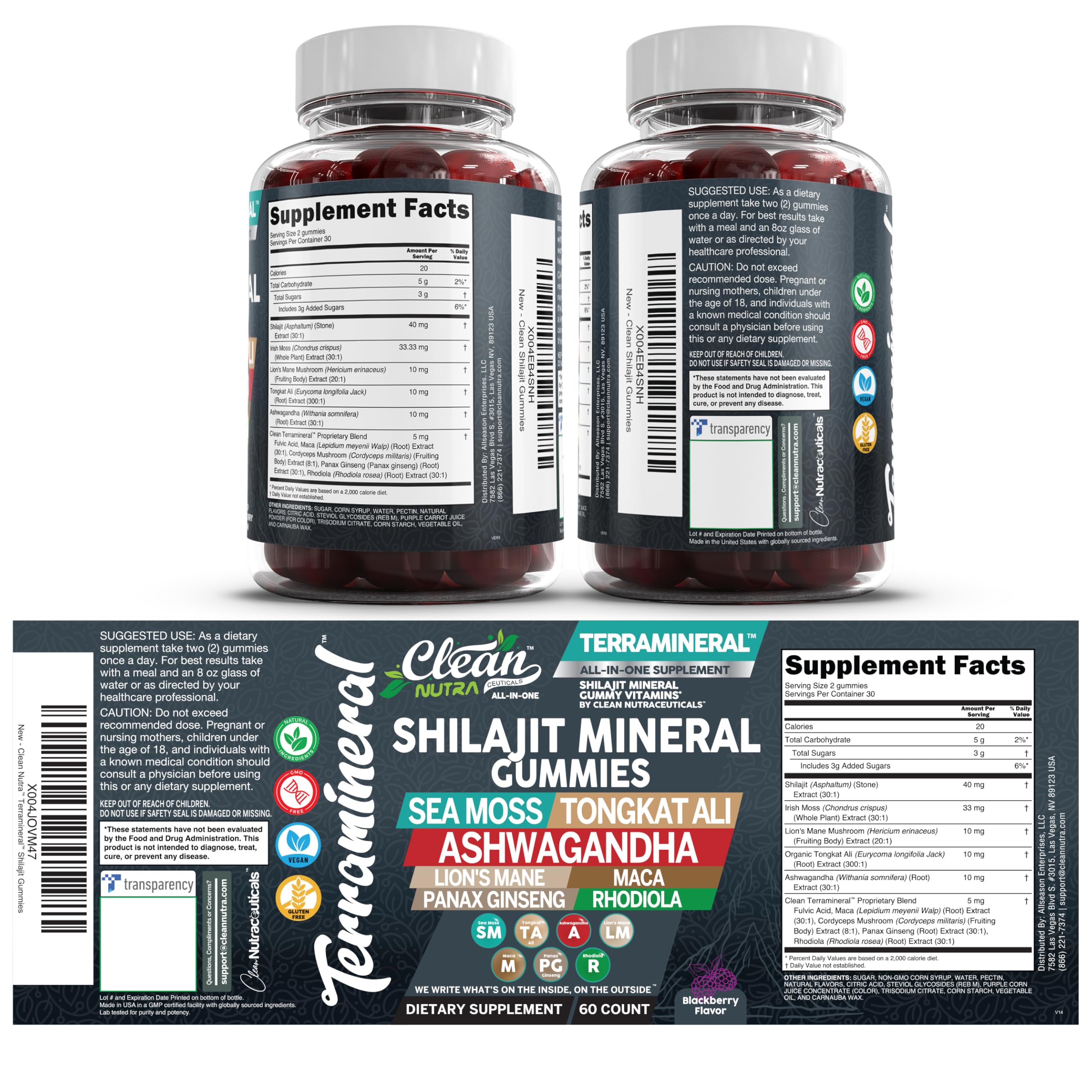 Terramineral Shilajit Gummies with Irish Sea Moss Tongkat Ali Ashwagandha Lion's Mane MACA Panax Ginseng Rhodiola & Cordyceps by Clean Nutra (1)