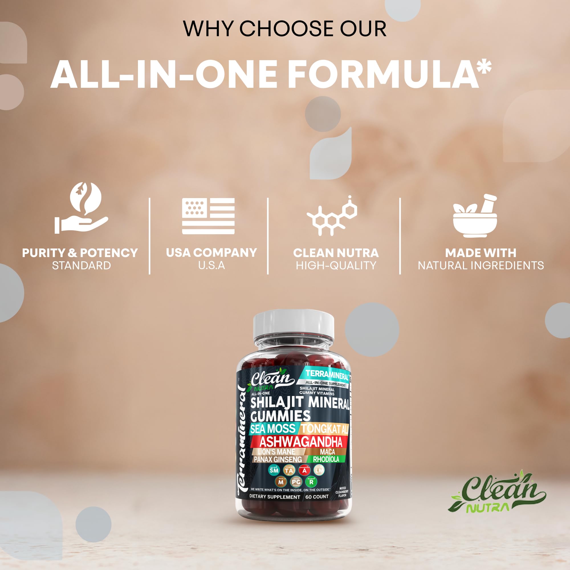 Terramineral Shilajit Gummies with Irish Sea Moss Tongkat Ali Ashwagandha Lion's Mane MACA Panax Ginseng Rhodiola & Cordyceps by Clean Nutra (1)