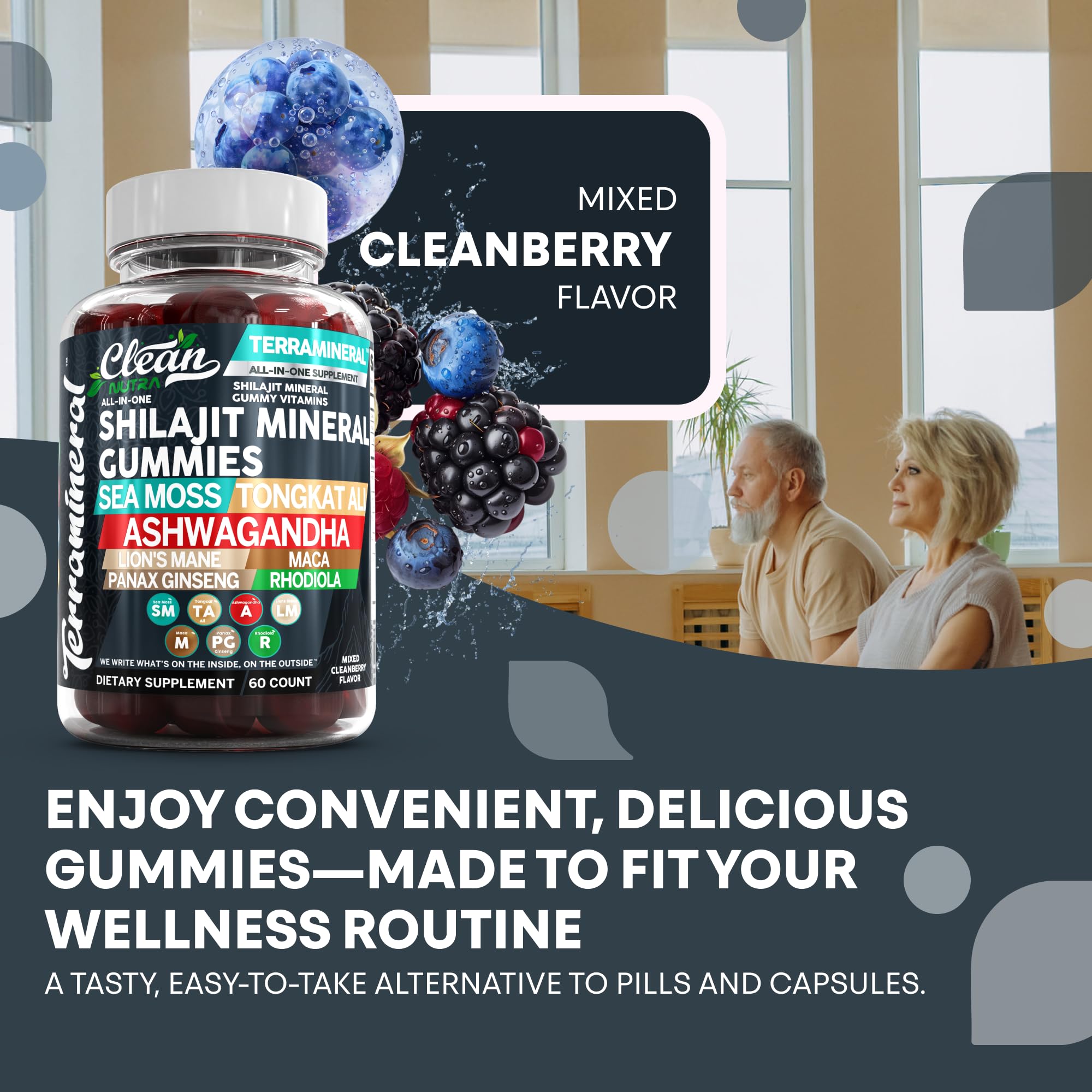 Terramineral Shilajit Gummies with Irish Sea Moss Tongkat Ali Ashwagandha Lion's Mane MACA Panax Ginseng Rhodiola & Cordyceps by Clean Nutra (1)