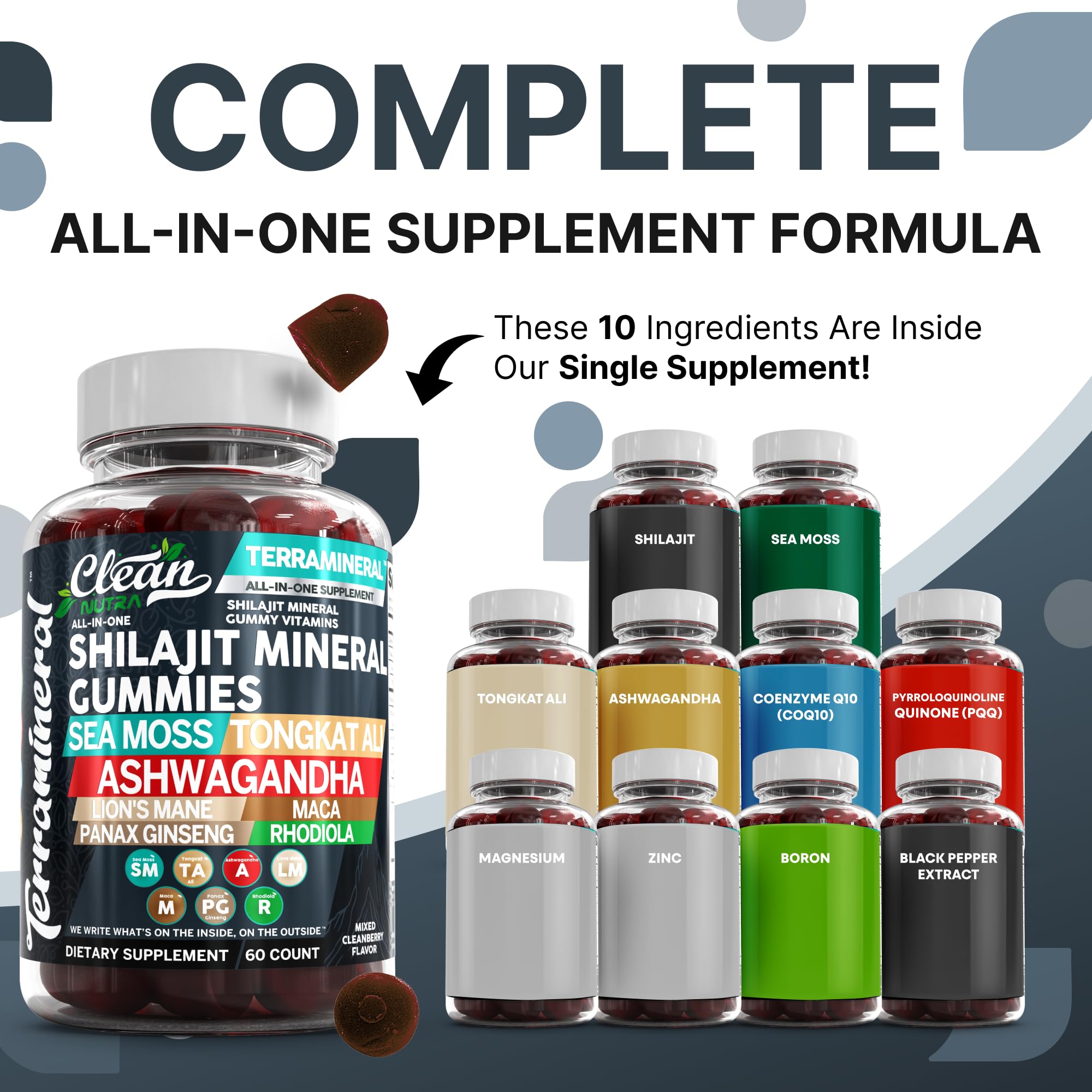 Terramineral Shilajit Gummies with Irish Sea Moss Tongkat Ali Ashwagandha Lion's Mane MACA Panax Ginseng Rhodiola & Cordyceps by Clean Nutra (1)