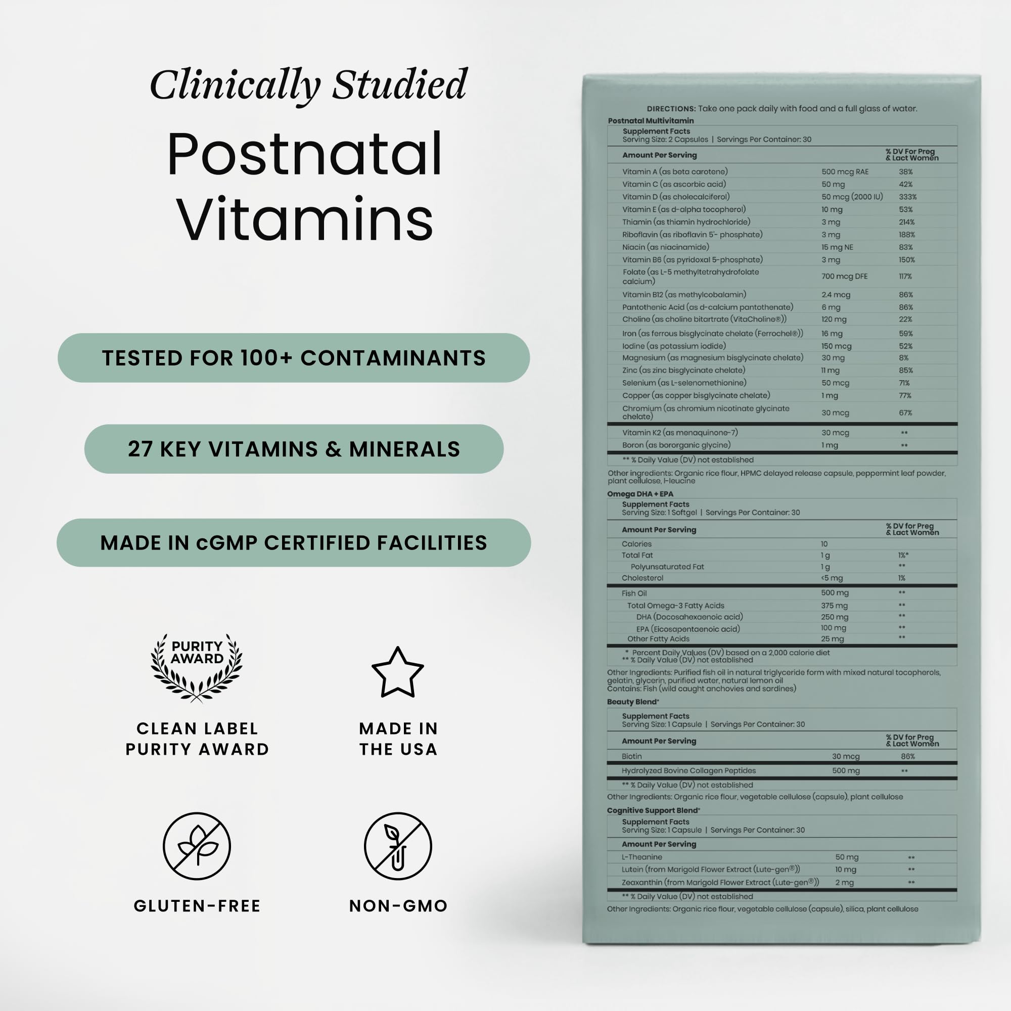 Perelel Mom Multi Support Pack, Postnatal Vitamins for Women with Omega 3 Dha, Iron, Collagen, & Vitamin B12 to Support Postpartum Health, Soy & Gluten Free, Non GMO, 30 Daily Pill Packs