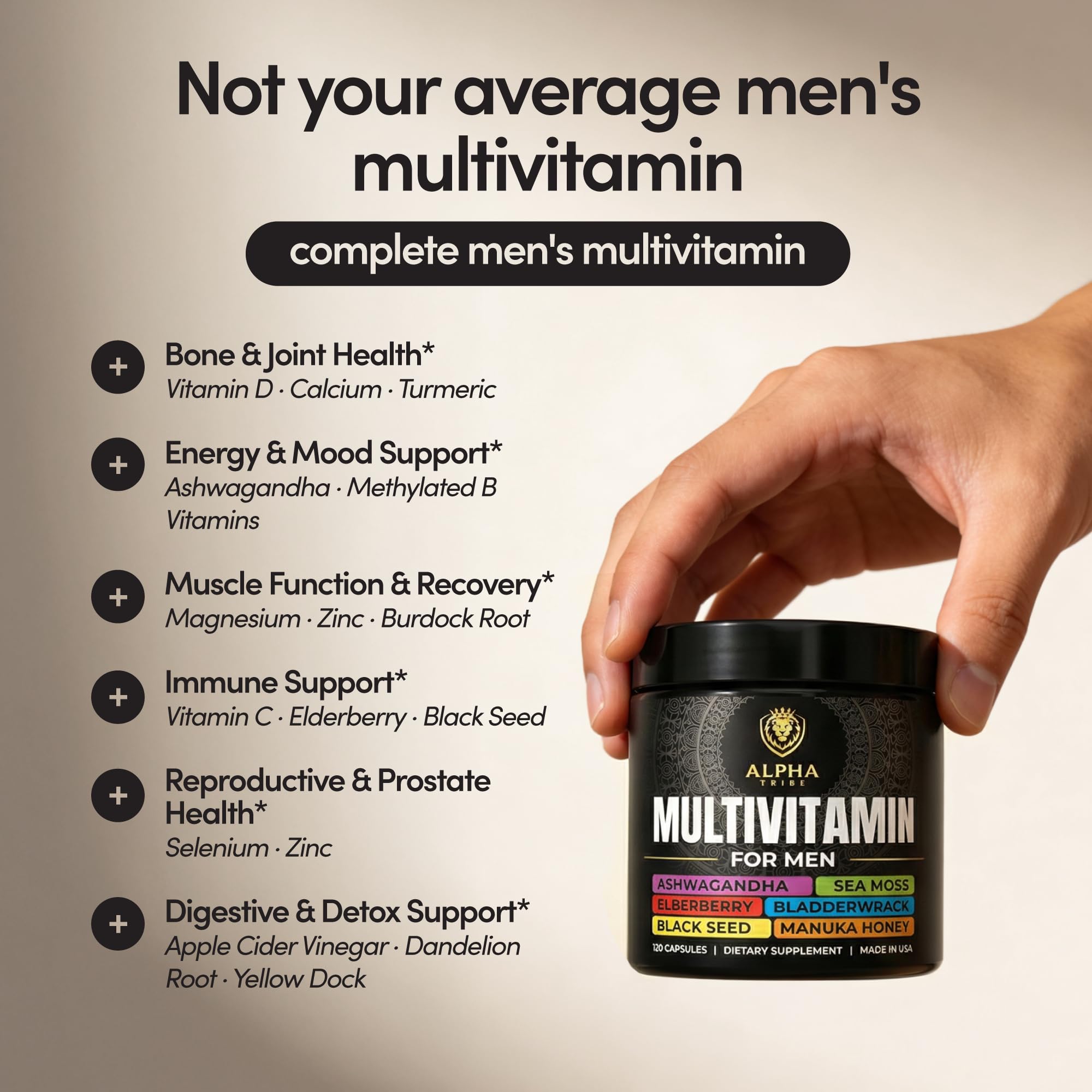 Alpha Tribe Multivitamin for Men with Sea Moss, Black Seed Oil, Ashwagandha, Turmeric Bladderwrack, Burdock,Vitamin C, Elderberry, Manuka, Yellow Dock | Daily Men's Vitamins and Minerals Supplement
