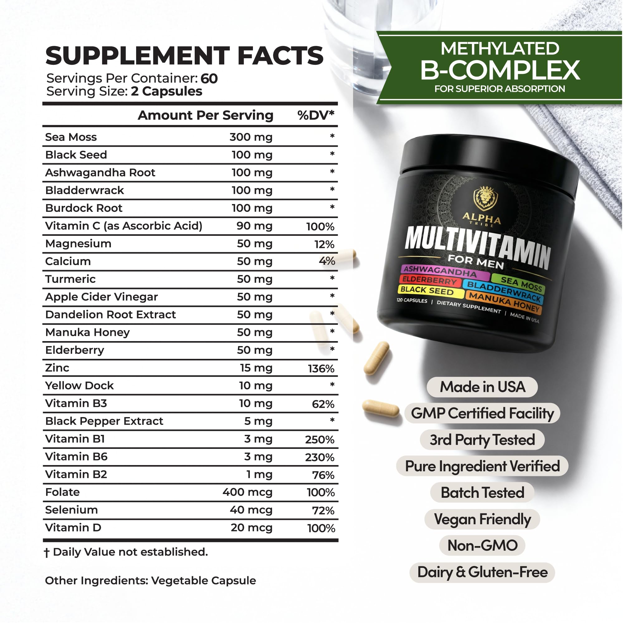 Alpha Tribe Multivitamin for Men with Sea Moss, Black Seed Oil, Ashwagandha, Turmeric Bladderwrack, Burdock,Vitamin C, Elderberry, Manuka, Yellow Dock | Daily Men's Vitamins and Minerals Supplement