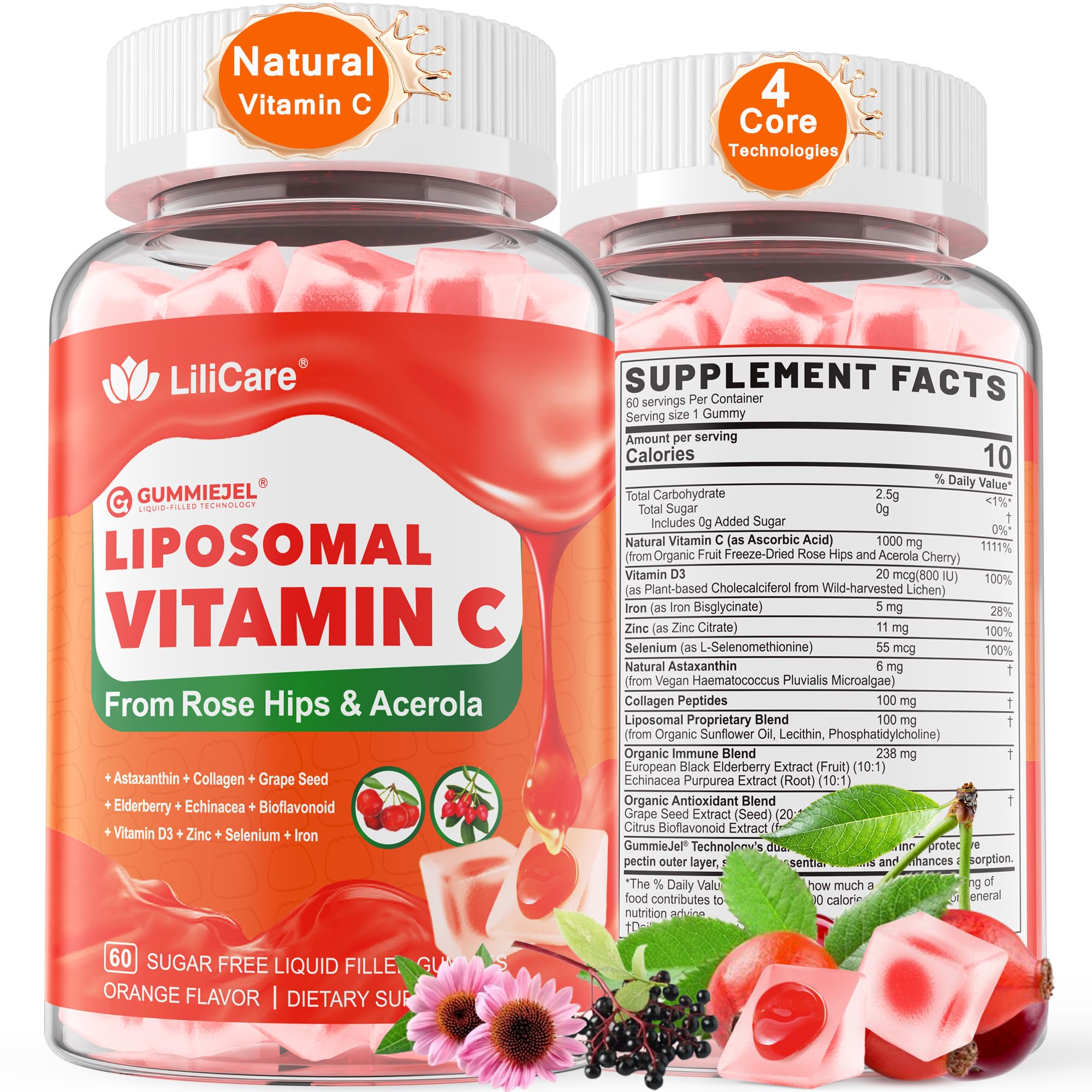 Natural Liposomal Vitamin C 1000mg Gummies for Adults Kids 9+, 1660mg Chewable Vitamin C w/ 11mg Zinc, D3, Elderberry, Echinacea, Bioflavonoid, Immune Support - Organic VIT C from Fruits, Sugar Free