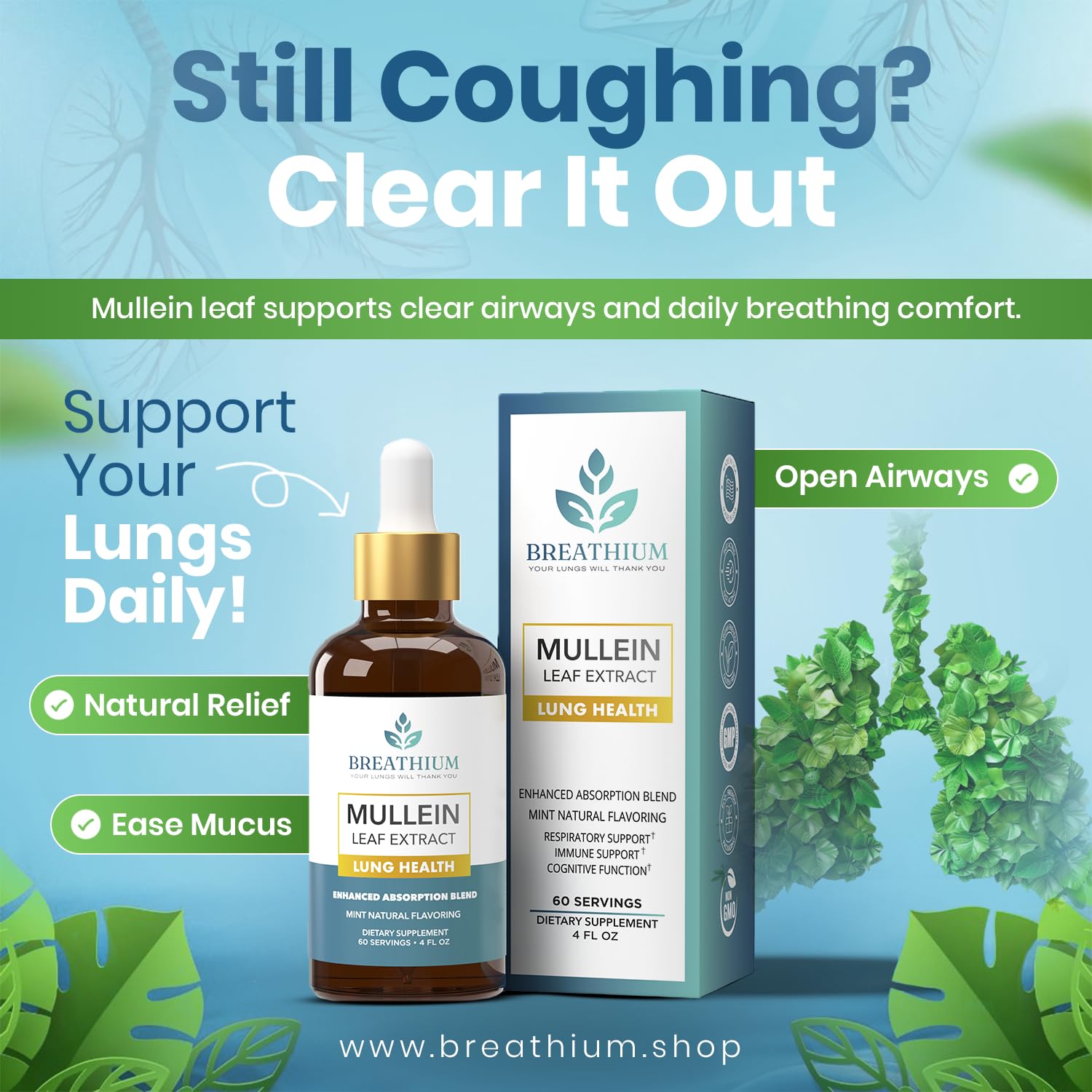 BREATHIUM 4-in-1 Mullein Drops for Lungs & Gut Health – Liposomal Mullein Leaf Extract, Made in USA, Natural Lung Detox for Smokers + Immune, Digestive, Allergy & Mucus Relief – 2oz Peppermint