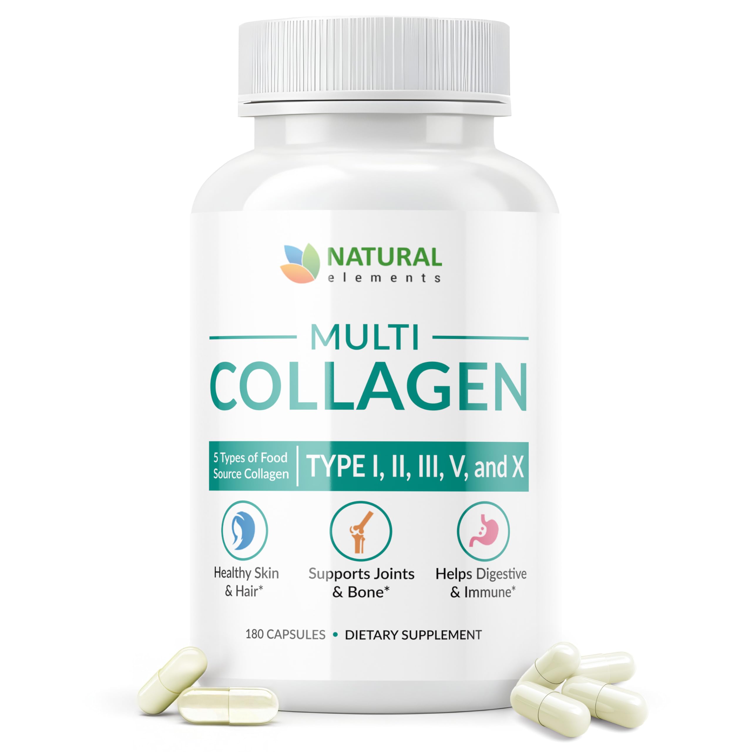 Multi Collagen 180 Protein Capsules - Type I, II, III, V, X Collagen Pills - Proprietary Blend of Eggshell, Chicken, Wild Fish & Grass-Fed Beef Collagen Peptides - 2025mg per serv