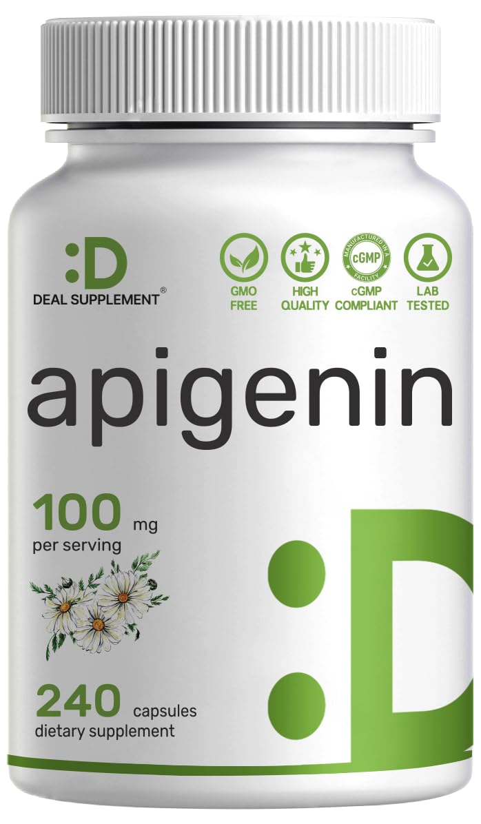 Apigenin, 100mg Per Serving, 240 Capsules – Raw Plant Extract from Chamomile Flower – Active Bioflavonoids & Antioxidants – Sleep & Relaxation Supplement – Non-GMO