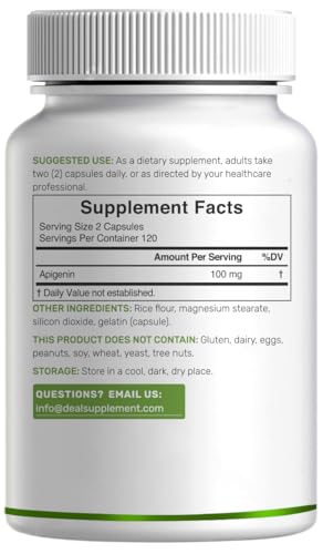 Apigenin, 100mg Per Serving, 240 Capsules – Raw Plant Extract from Chamomile Flower – Active Bioflavonoids & Antioxidants – Sleep & Relaxation Supplement – Non-GMO
