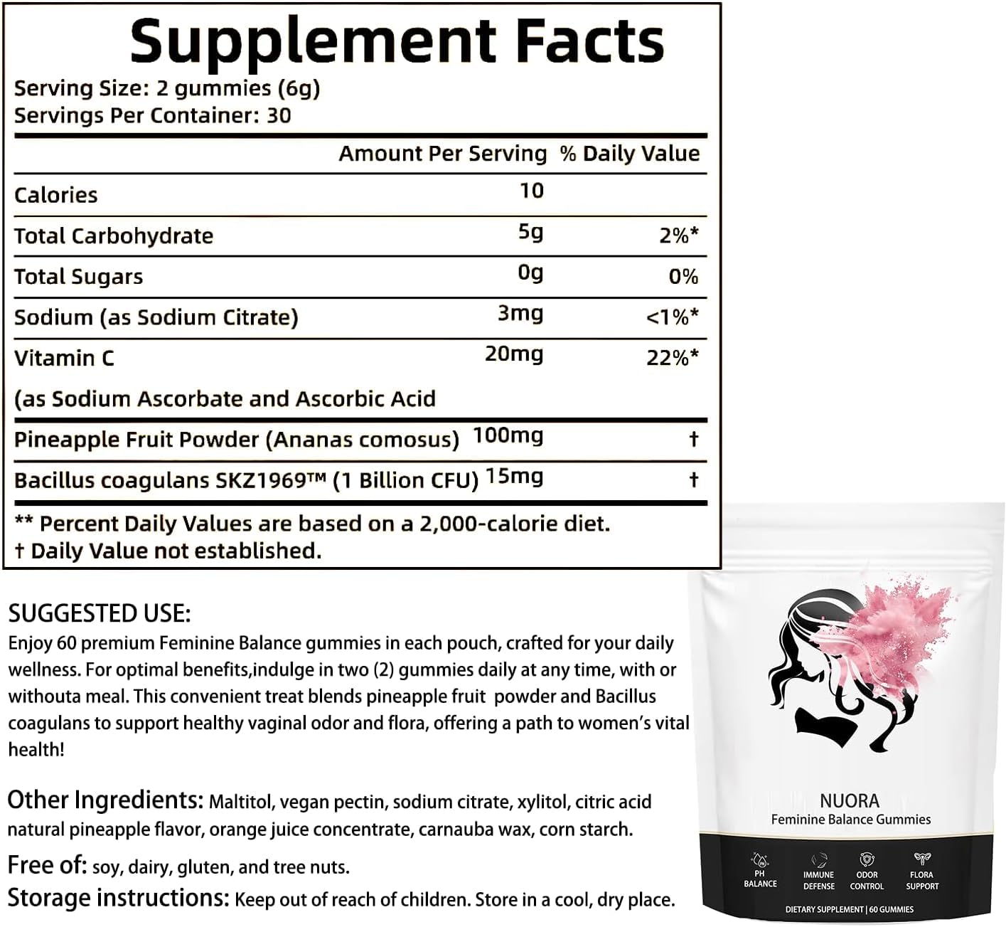 nuora Feminine Balance Gummies, Vegan Hawaiian Pineapple, pH Balance, Healthy Odor, Flora and Immune Support, Vaginal Health Support, 60 Count