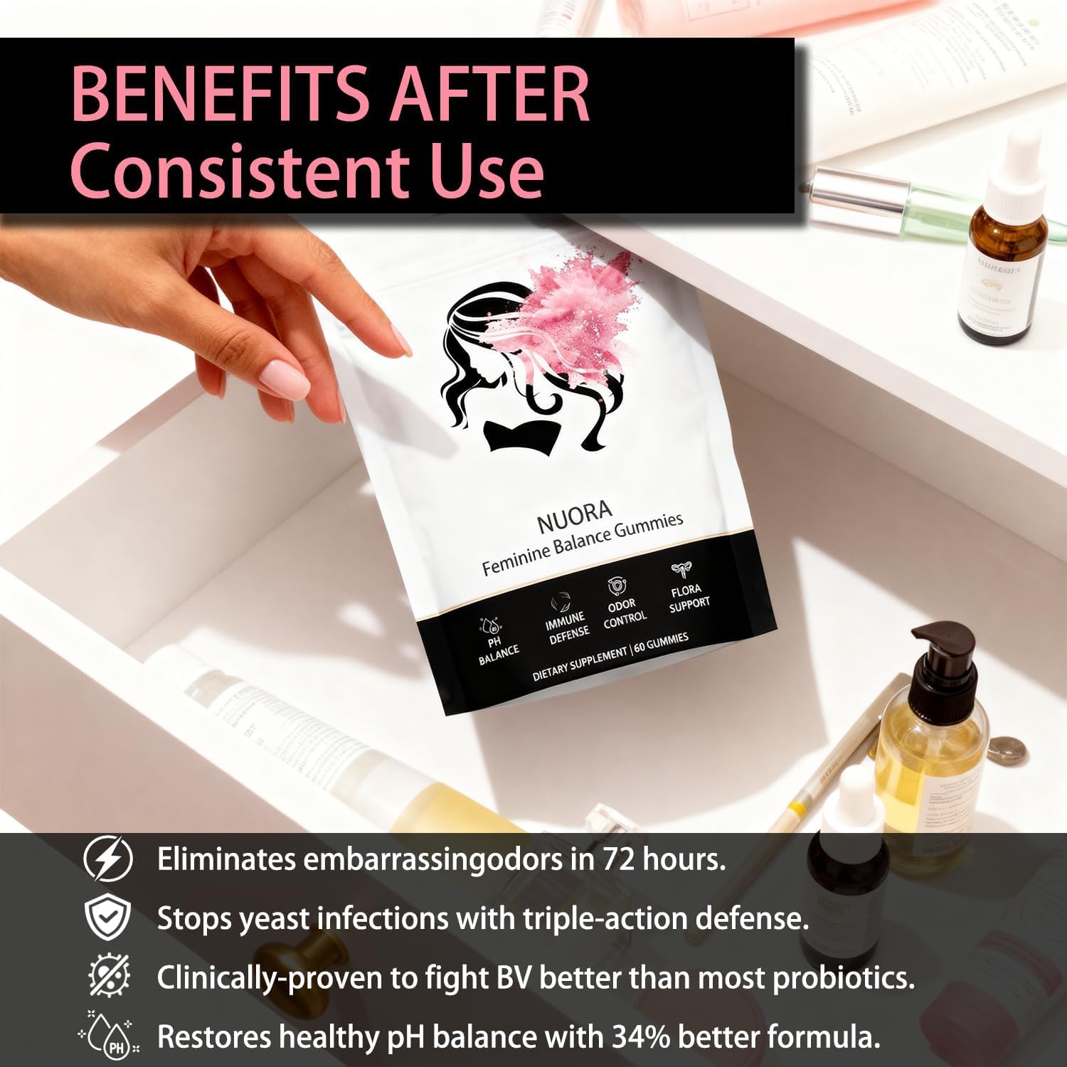 nuora Feminine Balance Gummies, Vegan Hawaiian Pineapple, pH Balance, Healthy Odor, Flora and Immune Support, Vaginal Health Support, 60 Count