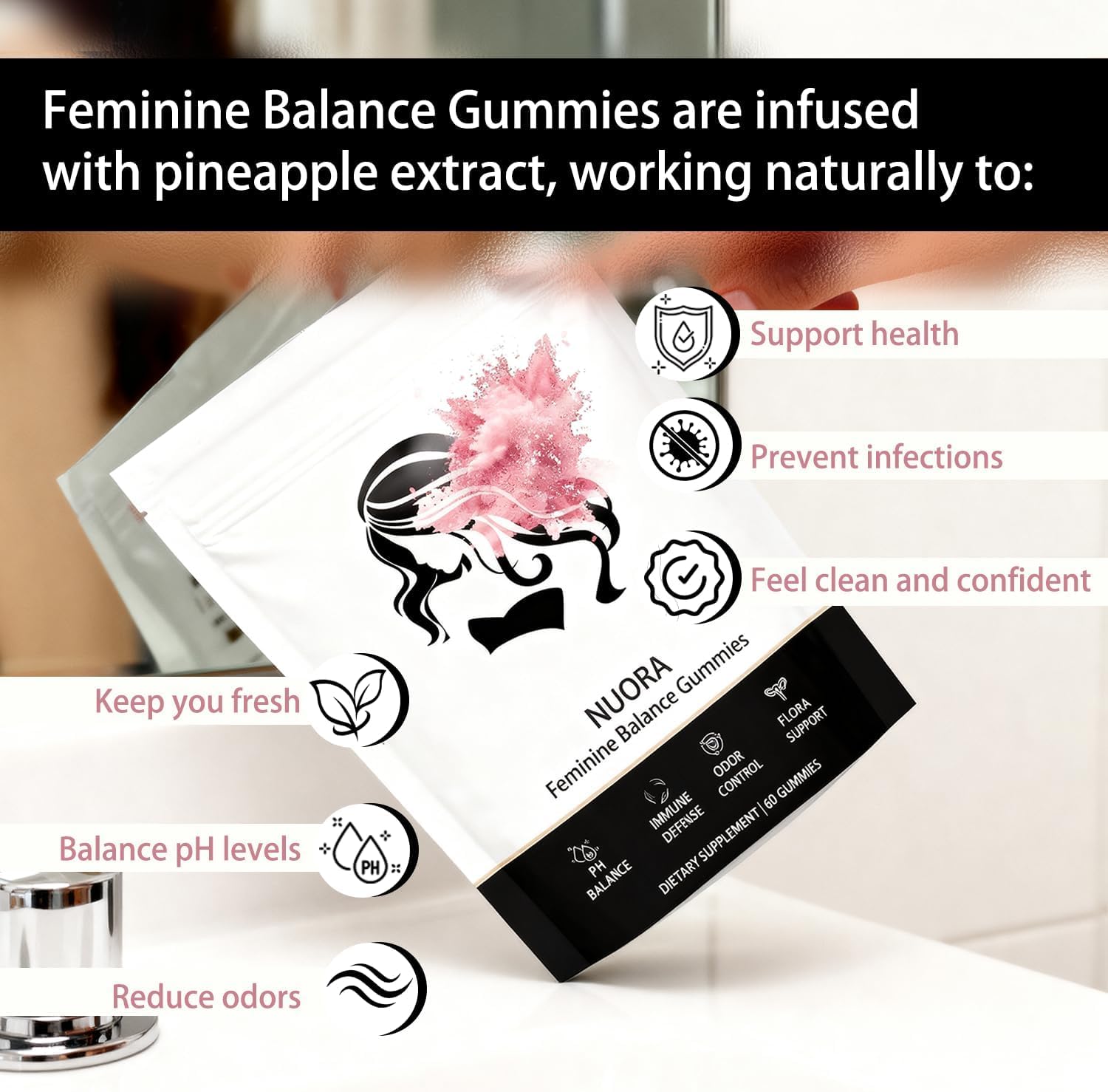 nuora Feminine Balance Gummies, Vegan Hawaiian Pineapple, pH Balance, Healthy Odor, Flora and Immune Support, Vaginal Health Support, 60 Count