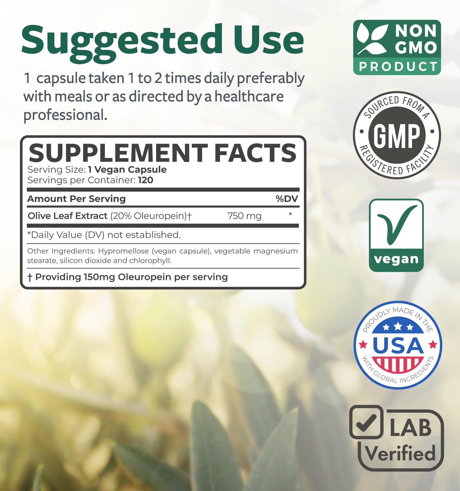 Super Strength Olive Leaf Extract Capsules - Vegan Non-GMO 750mg Olive Extract with 20% Oleuropein Antioxidant Supplement for Immunity Skin and Heart Health Support - Made in The USA (4 Month Supply)