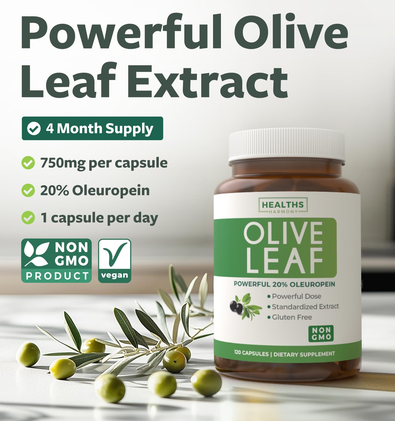 Super Strength Olive Leaf Extract Capsules - Vegan Non-GMO 750mg Olive Extract with 20% Oleuropein Antioxidant Supplement for Immunity Skin and Heart Health Support - Made in The USA (4 Month Supply)