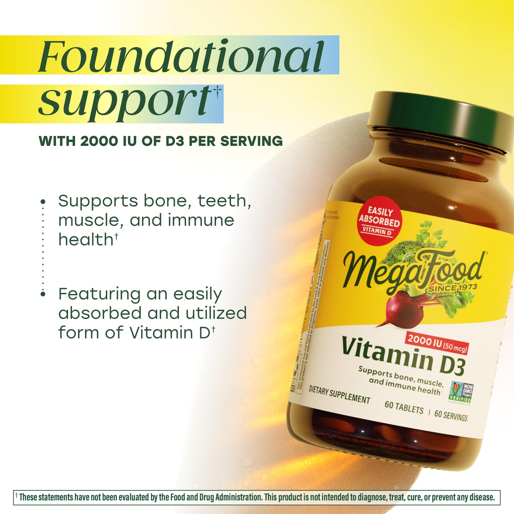MegaFood Vitamin D3 2000 IU (50 mcg) - Vitamin D Supplements With Real Food, Immune Support, Supports Bones, Teeth & Muscles, Vegetarian, Certified Non-GMO, Kosher – 90 Tablets, 90 Servings