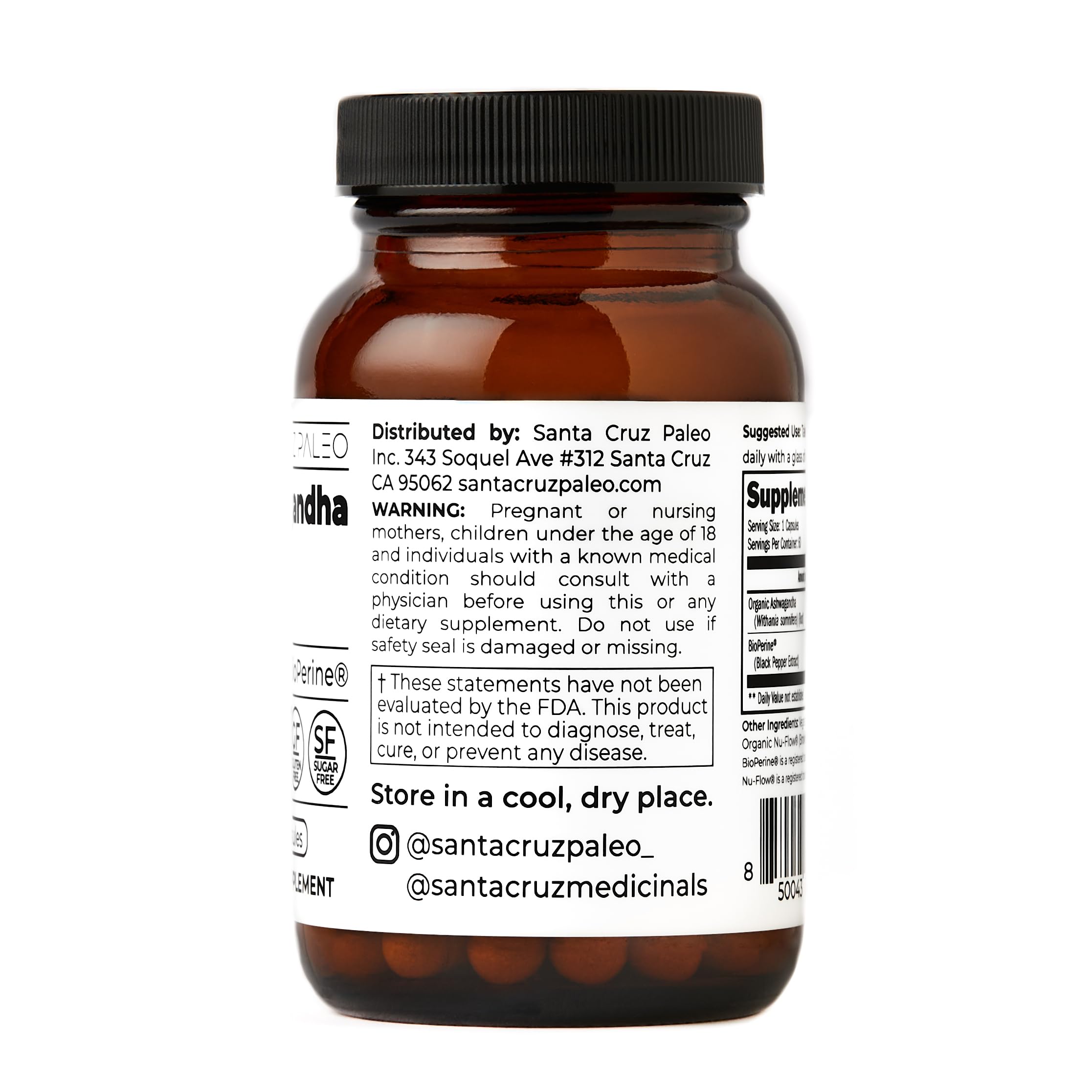 Santa Cruz Paleo, Ashwagandha Root with BioPerine, Herbal Supplement for Focus, Stress Support Adaptogen for Men and Women, Gluten Free, Vegetarian, Keto Friendly, 600MG Capsules, 60 Count