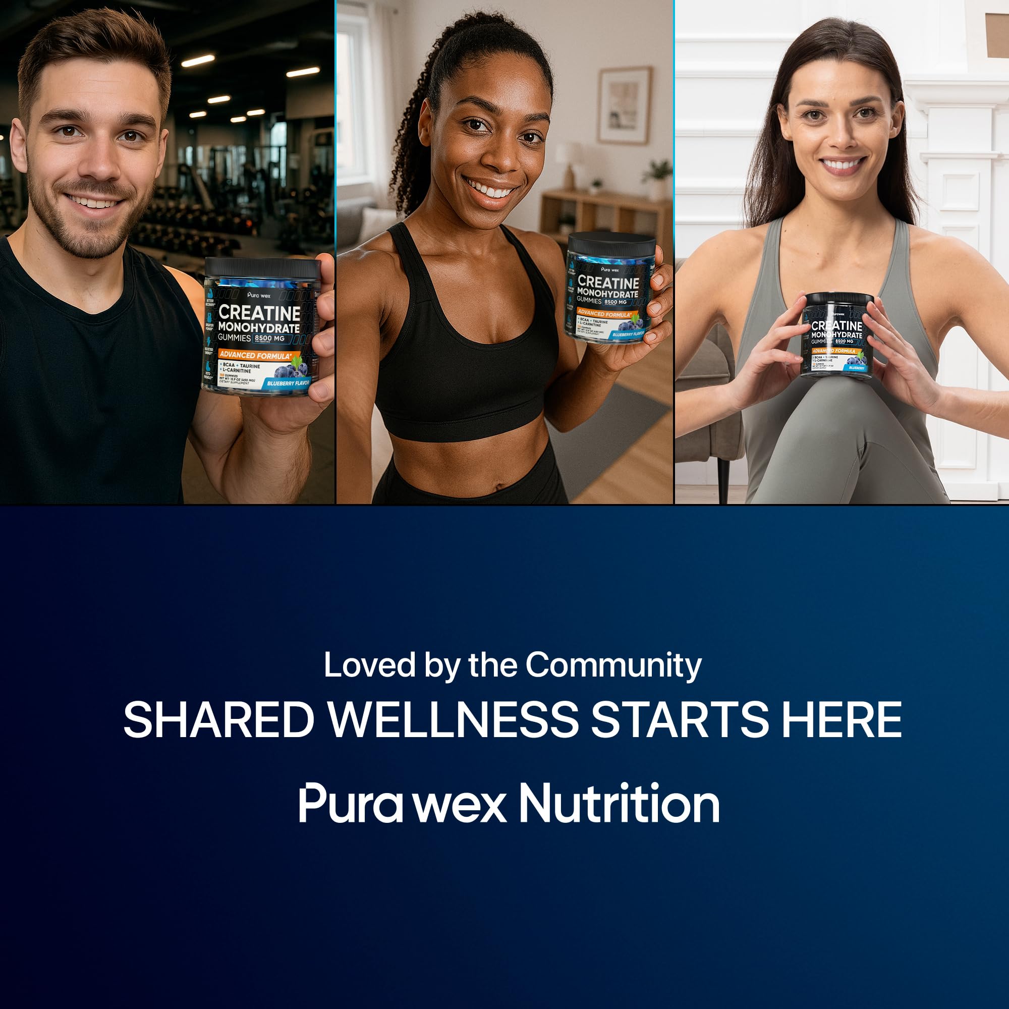 PURA WEX NUTRITION Creatine Monohydrate Gummies 8500mg Complex for Men & Women - Pre Workout Creatine Chews for Muscle Growth, Strength & Energy, Sugar Free, Vegan, Blueberry Flavor - 120 Count