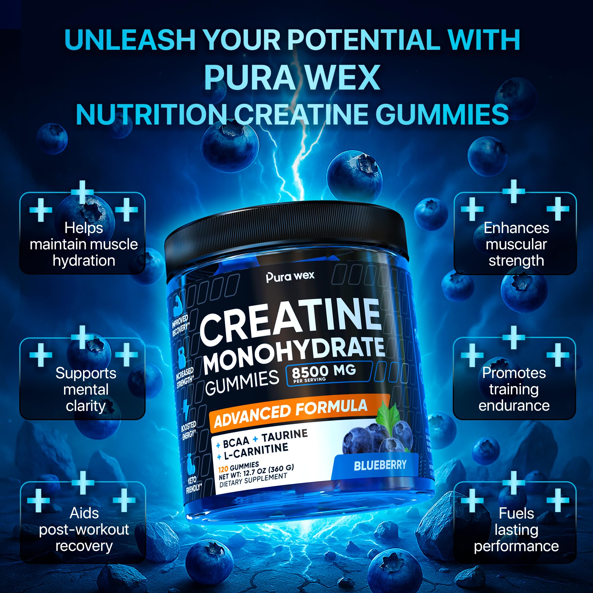 PURA WEX NUTRITION Creatine Monohydrate Gummies 8500mg Complex for Men & Women - Pre Workout Creatine Chews for Muscle Growth, Strength & Energy, Sugar Free, Vegan, Blueberry Flavor - 120 Count