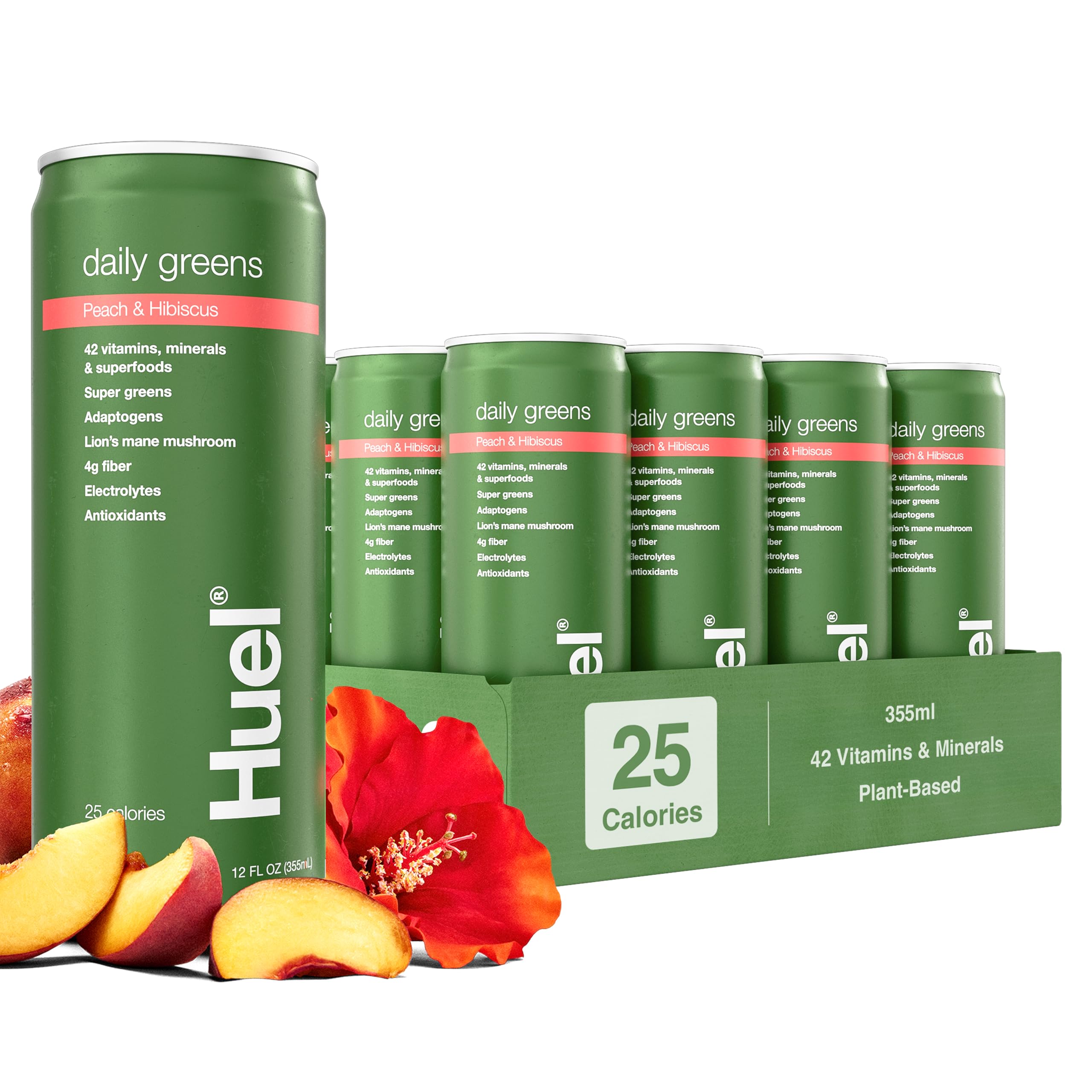 Huel Daily Greens Ready-to-Drink | Peach Hibiscus Superfood Greens | 91 Vitamins, Minerals, and Wholefood-Sourced Ingredients | Adaptogens, Antioxidants, Gut-Friendly Probiotics | 12 Fl Oz, 12 Pk