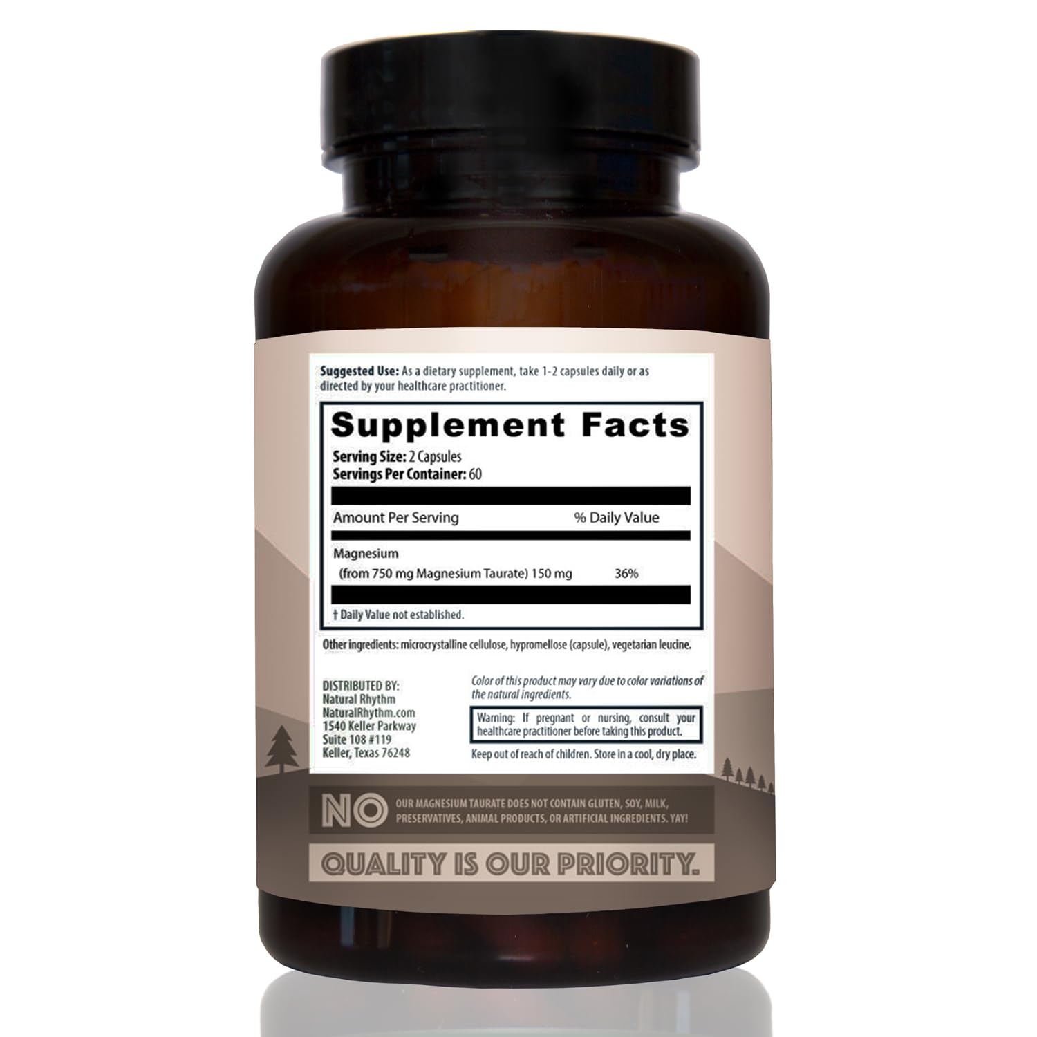 Magnesium Taurate 750mg (150mg Elemental Magnesium) – 120 Vegetarian Capsules – High-Absorption Magnesium Taurate Supplement for Heart, Muscle, and Nerve Support – Non-GMO, Gluten-Free, Made in USA