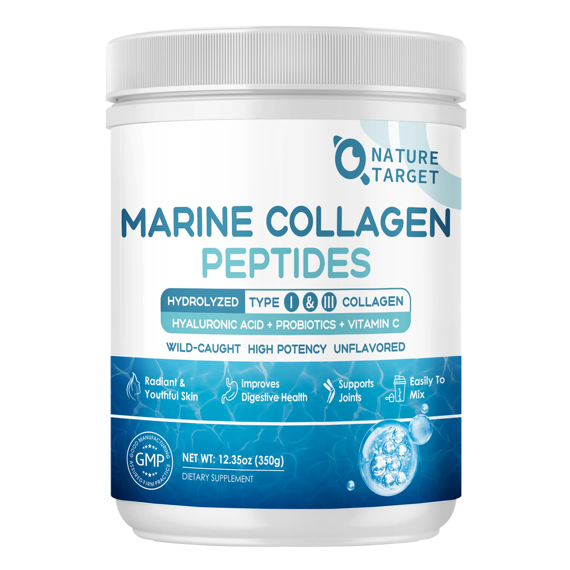 NATURE TARGET Marine Collagen Peptides Powder - Type I & III Collagen with Probiotics, Vitamin C & Hyaluronic Acid for Skin, Hair, Nails, Wild-Caught Fish & Grass-Fed Bovine, 35 Servings