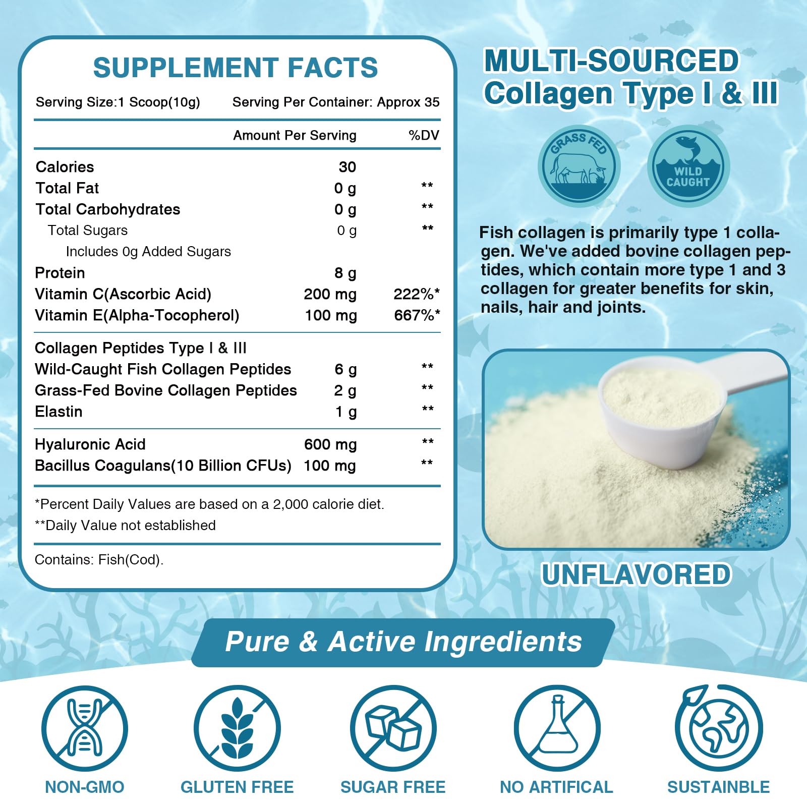 NATURE TARGET Marine Collagen Peptides Powder - Type I & III Collagen with Probiotics, Vitamin C & Hyaluronic Acid for Skin, Hair, Nails, Wild-Caught Fish & Grass-Fed Bovine, 35 Servings