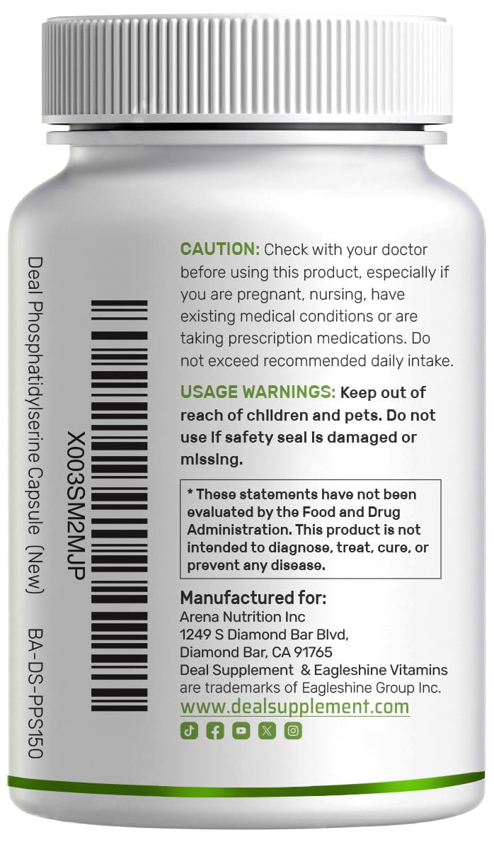 Phosphatidylserine Supplement, 400mg Serving, 240 Capsules – Soy Free Sunflower Lecithin Source