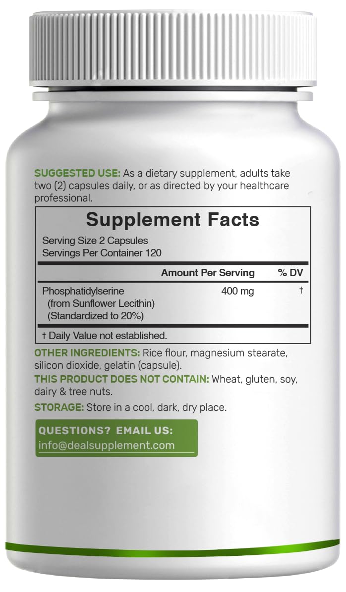 Phosphatidylserine Supplement, 400mg Serving, 240 Capsules – Soy Free Sunflower Lecithin Source