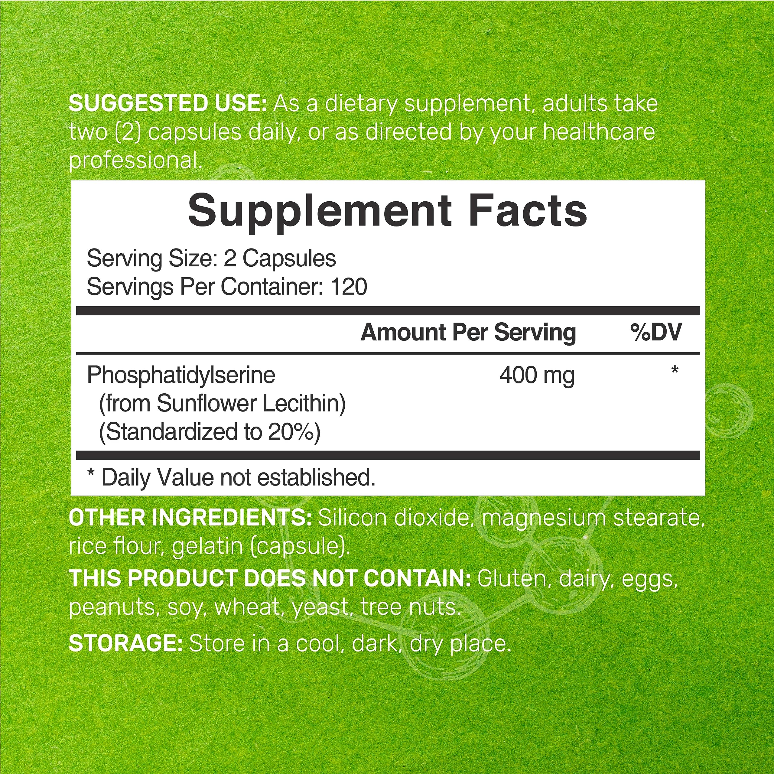 Phosphatidylserine Supplement, 400mg Serving, 240 Capsules – Soy Free Sunflower Lecithin Source
