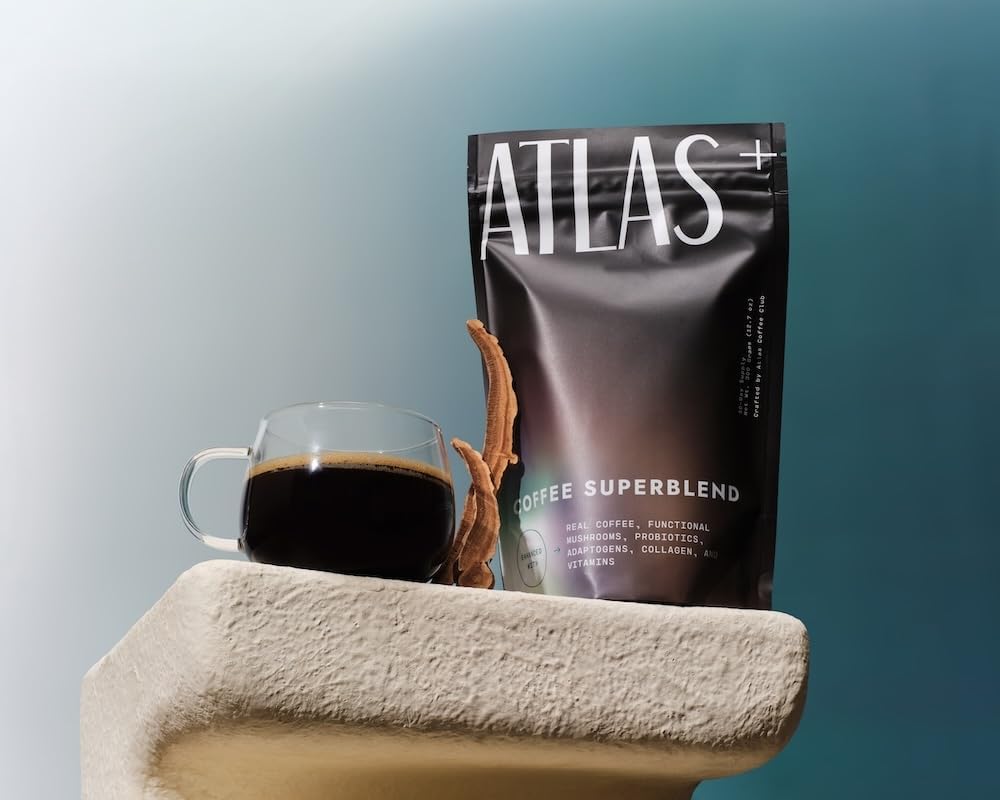 Atlas+ Coffee Superblend– Premium Mushroom Coffee with Collagen, Probiotics, D3 & B12, Lion’s Mane, Reishi, Cordyceps– for Energy, Focus, Immunity & Gut Health– 28 Servings (1 Bag)