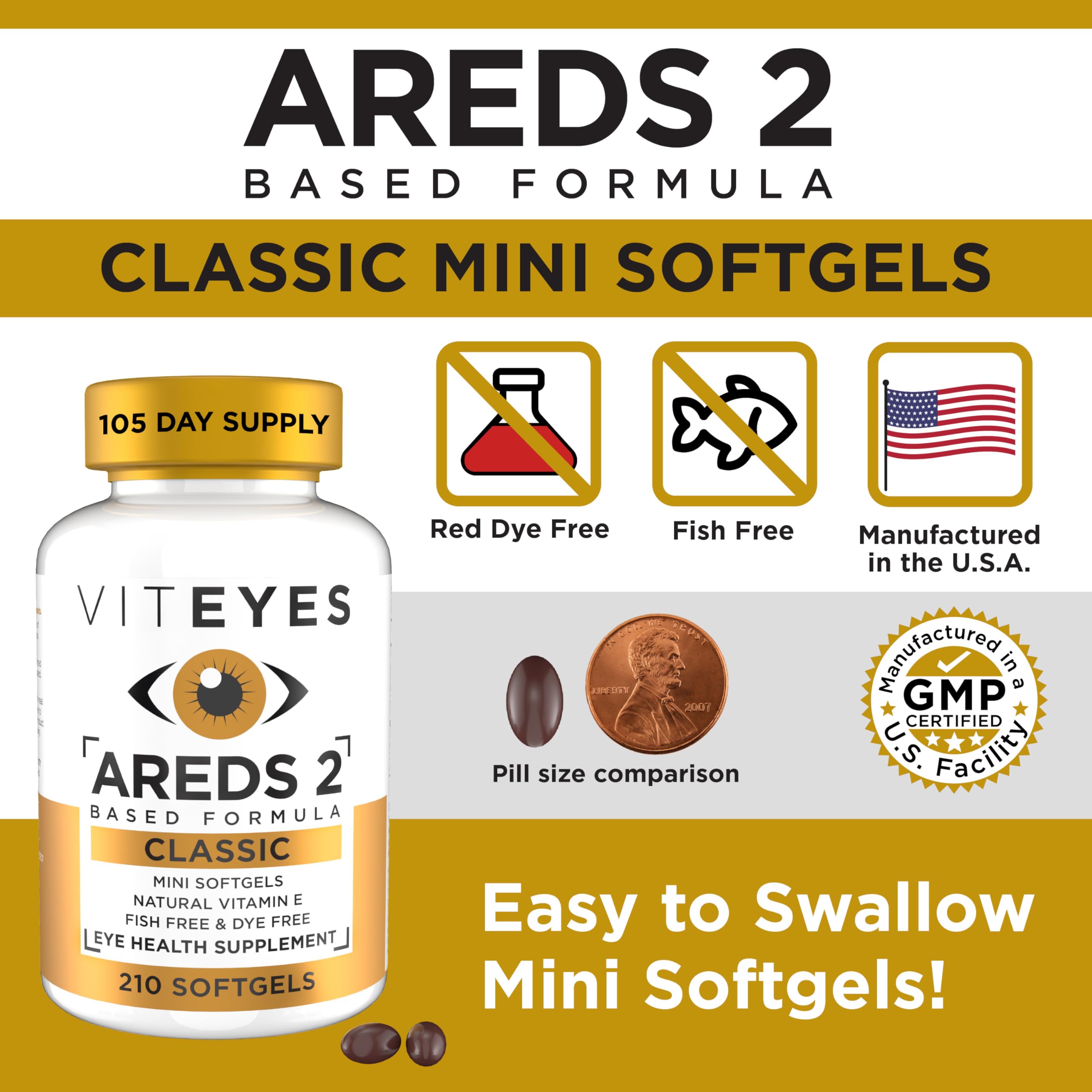 Viteyes AREDS 2 Classic Macular Health Formula Softgels, Eye Health Vitamin to Support a Healthy Macula, Lower Zinc, Eye Vitamins, Macular Vitamins, Beta-Carotene Free, 210 Softgels…