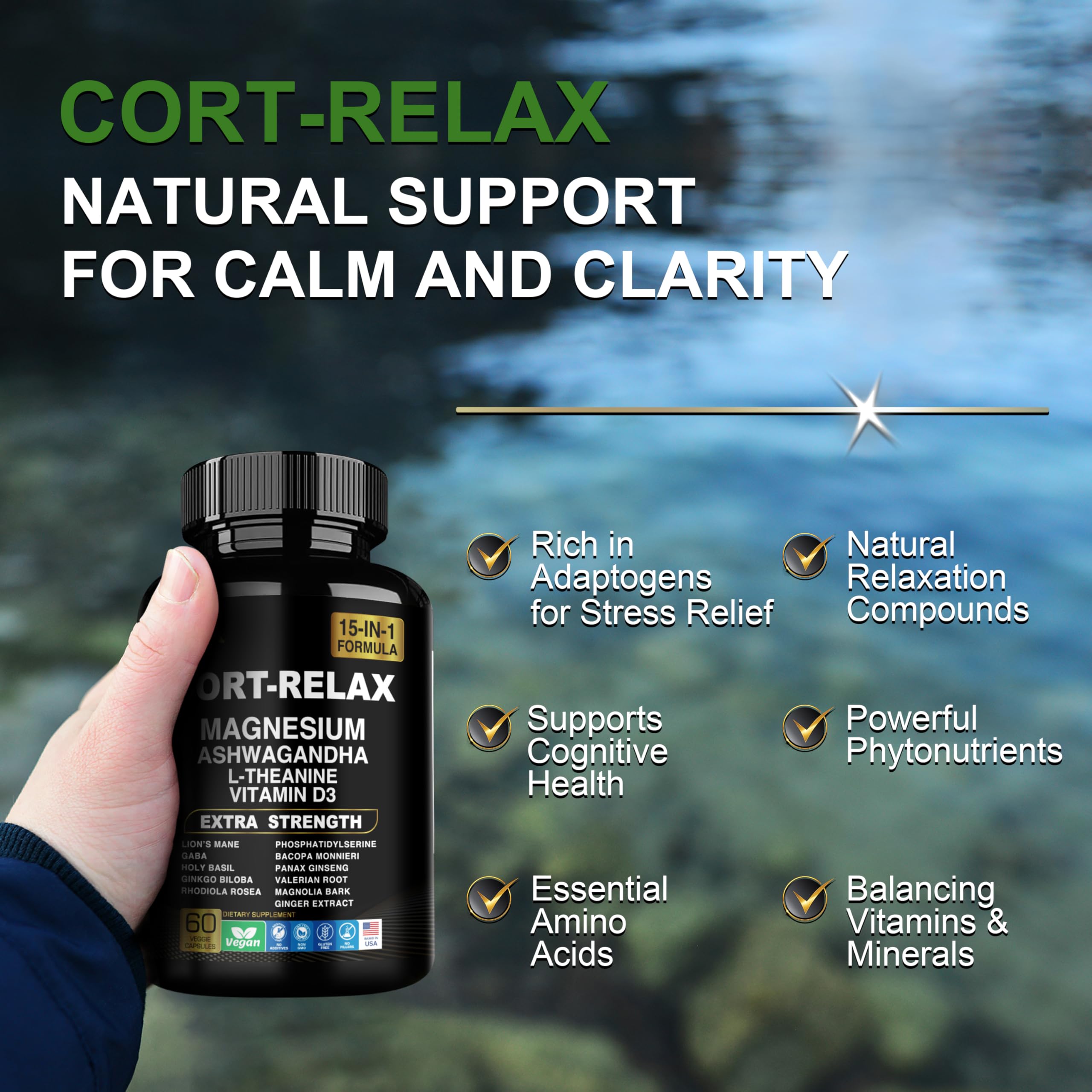 DLNIA Super Calm Cortisol Supplement with Magnesium Glycinate, Ashwagandha KSM-66, L-Theanine, Phosphatidylserine, Ginkgo Biloba & Lions Mane for Calm, Focus, Mental Clarity, Relaxation, Sleep, Energy