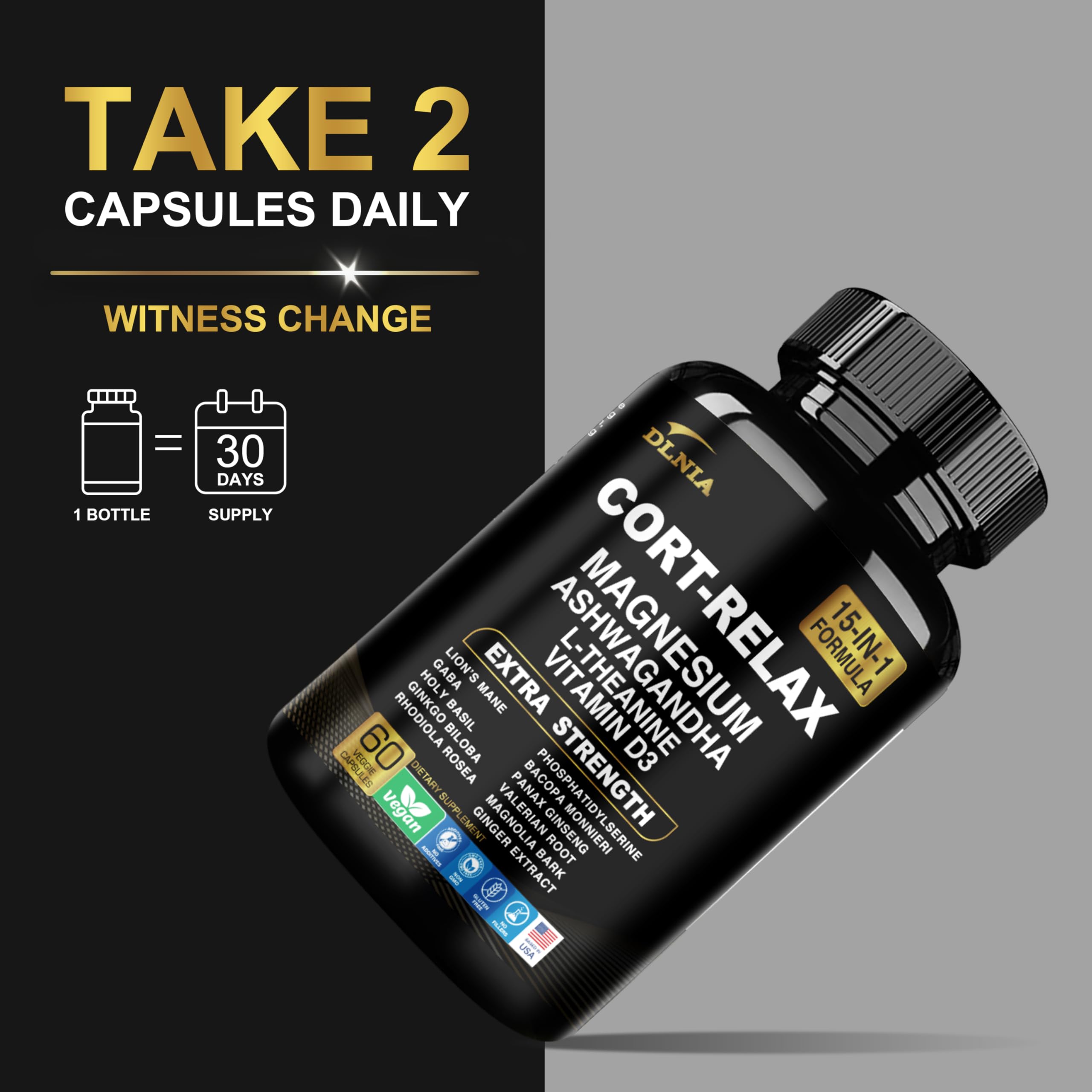 DLNIA Super Calm Cortisol Supplement with Magnesium Glycinate, Ashwagandha KSM-66, L-Theanine, Phosphatidylserine, Ginkgo Biloba & Lions Mane for Calm, Focus, Mental Clarity, Relaxation, Sleep, Energy