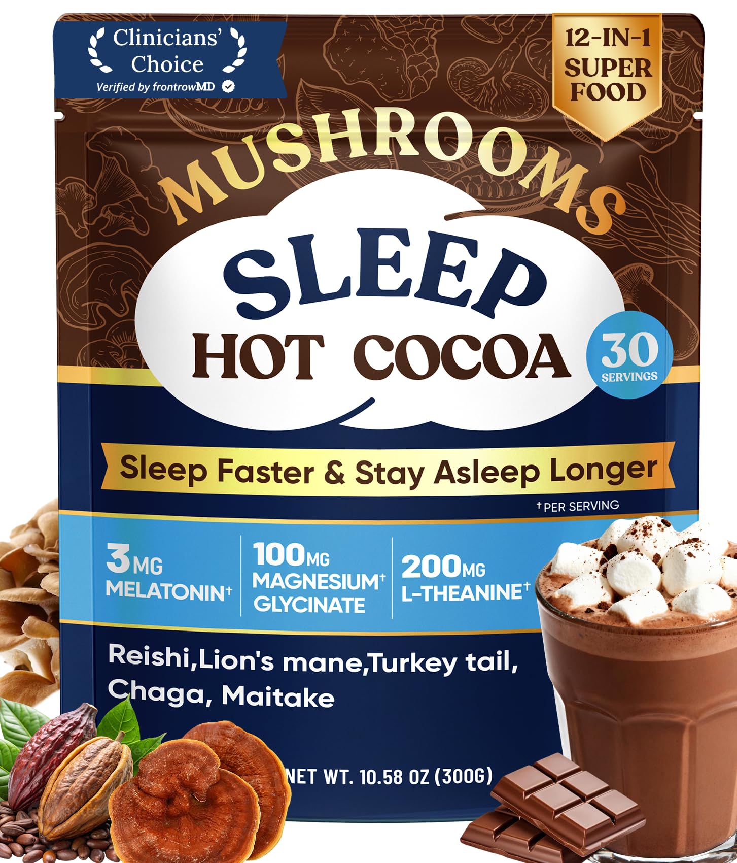 Venture Pal Mushroom Hot Cocoa Powder with Magnesium Glycinate, L-Theanine & Reishi to Calm & Relax, Natural Sleep Aids for Adults Melatonin 3mg, Unsweetened Hot Chocolate for Deep Sleep, 30 Servings