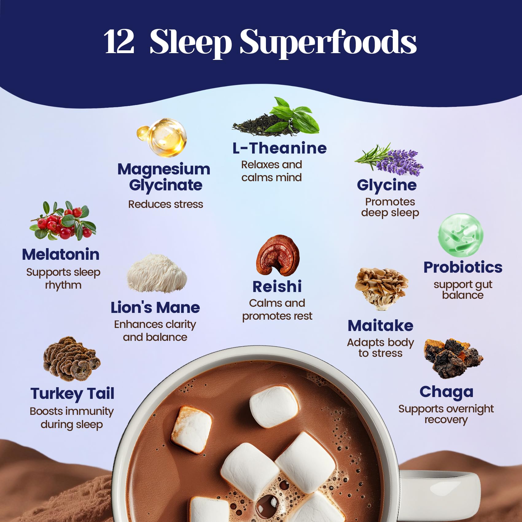 Venture Pal Mushroom Hot Cocoa Powder with Magnesium Glycinate, L-Theanine & Reishi to Calm & Relax, Natural Sleep Aids for Adults Melatonin 3mg, Unsweetened Hot Chocolate for Deep Sleep, 30 Servings